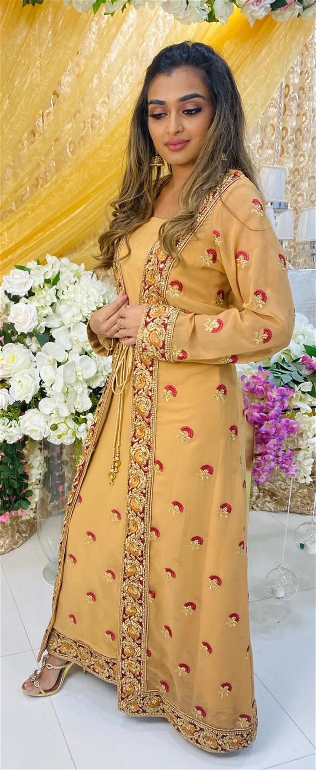 Peach Gold Embroidered Maxi Bridal Partywear
