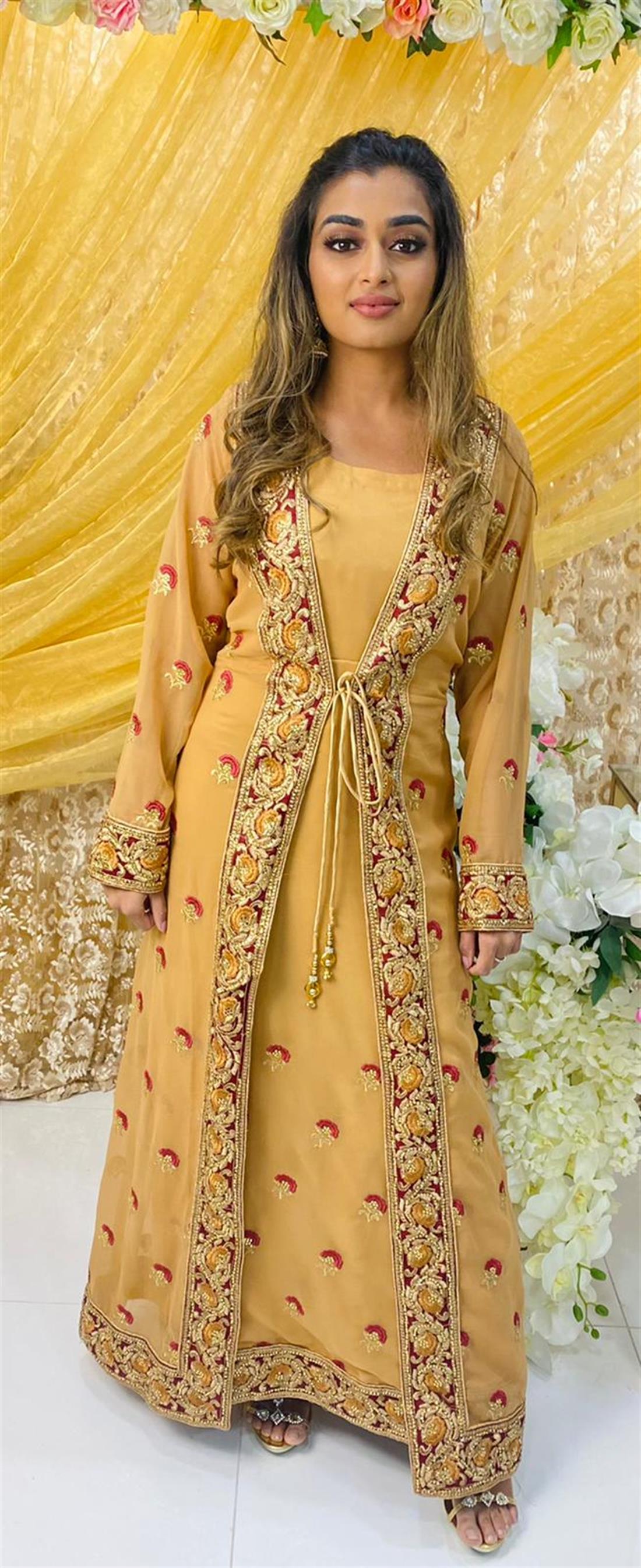 Peach Gold Embroidered Maxi Bridal Partywear