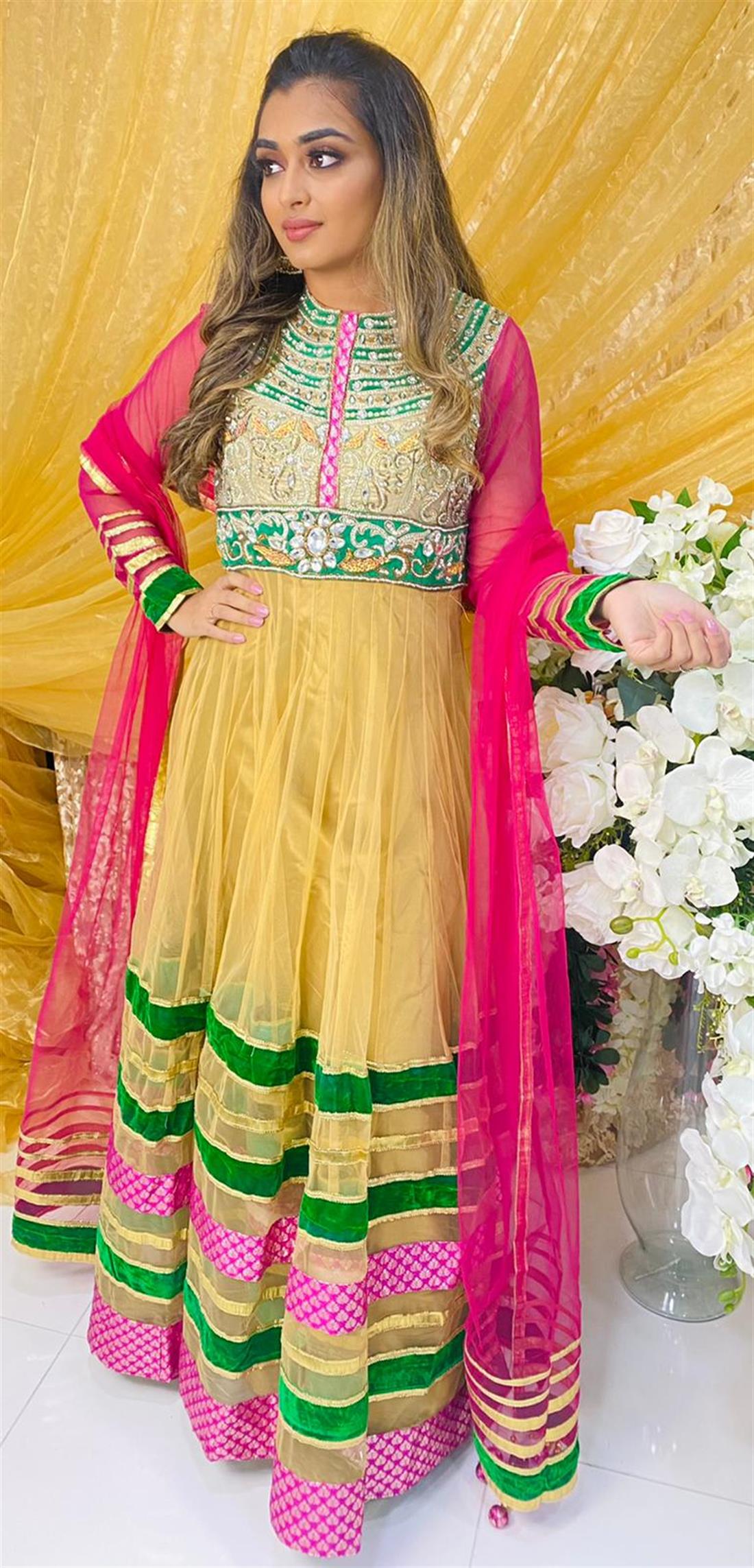 Gold & Pink Net Anarkali Bridal Partywear