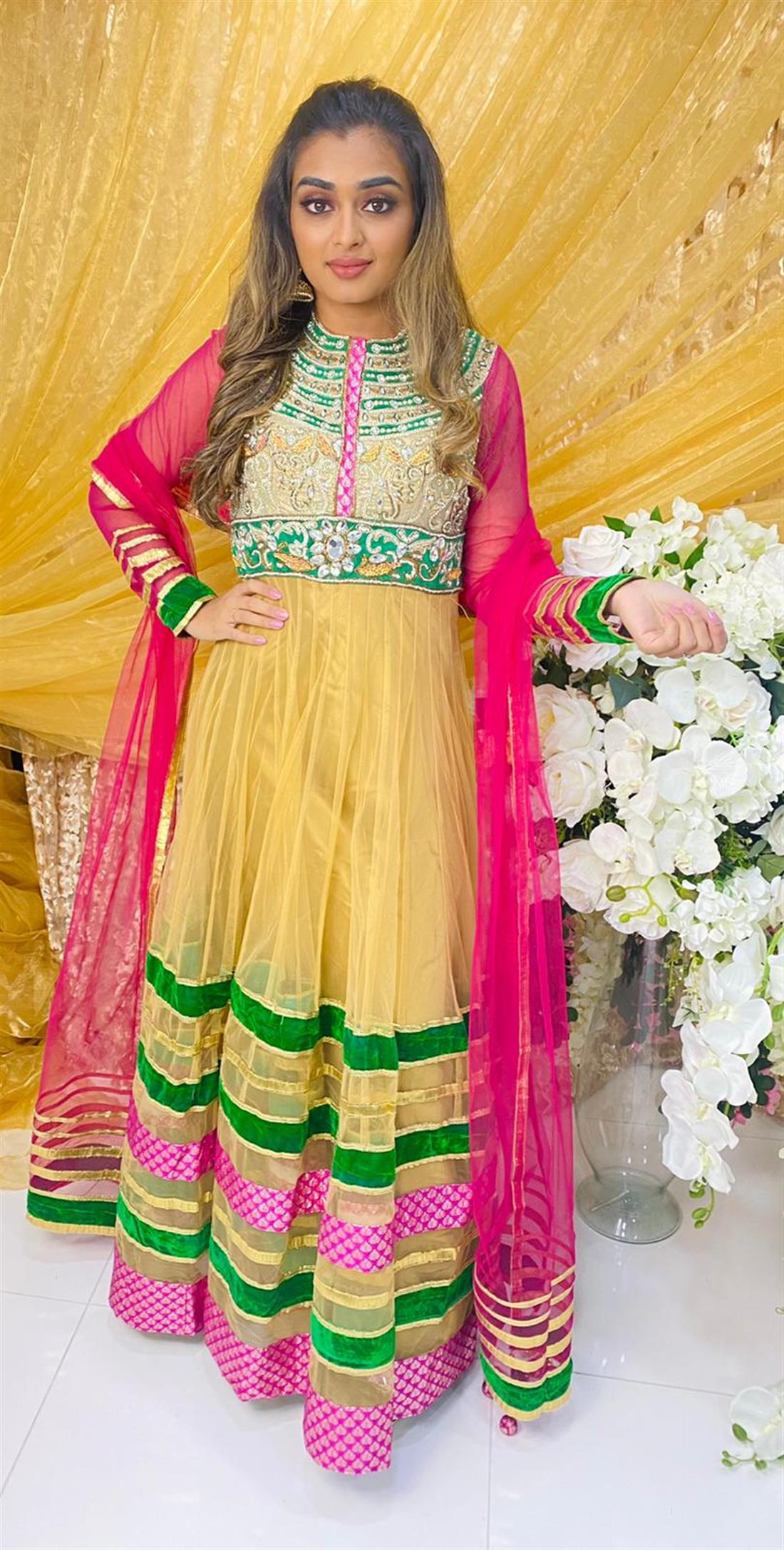 Gold & Pink Net Anarkali Bridal Partywear
