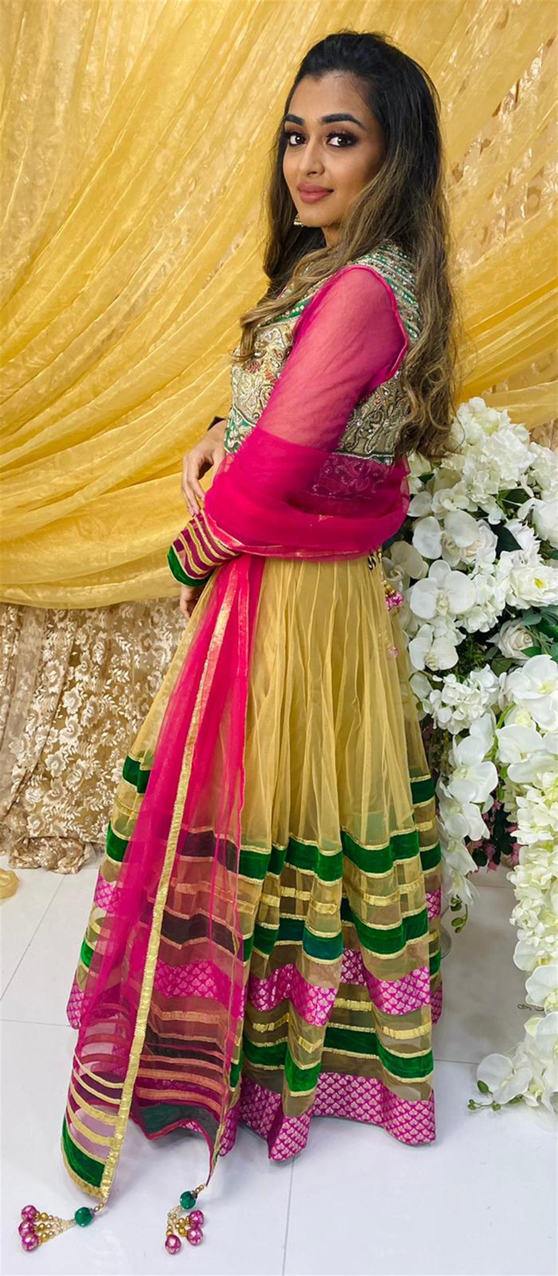 Gold & Pink Net Anarkali Bridal Partywear