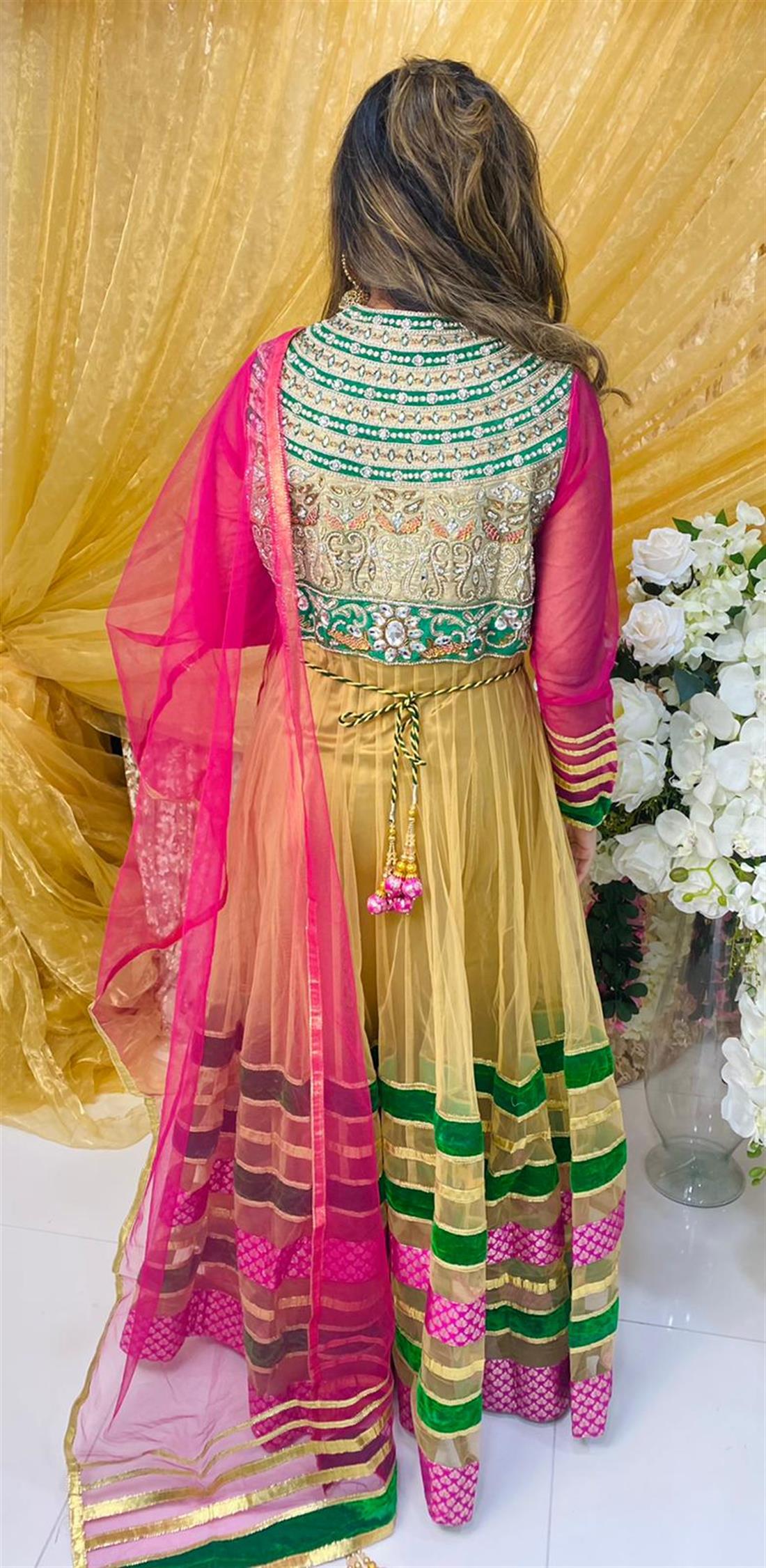 Gold & Pink Net Anarkali Bridal Partywear