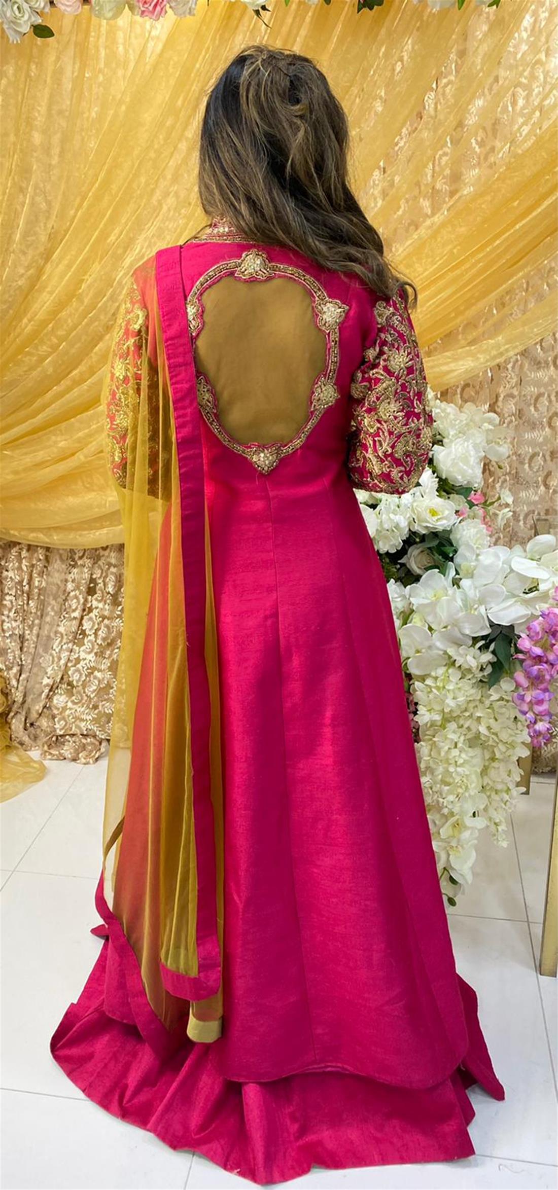 Pink & Antique Gold Stone Work Net Bridal Partywear