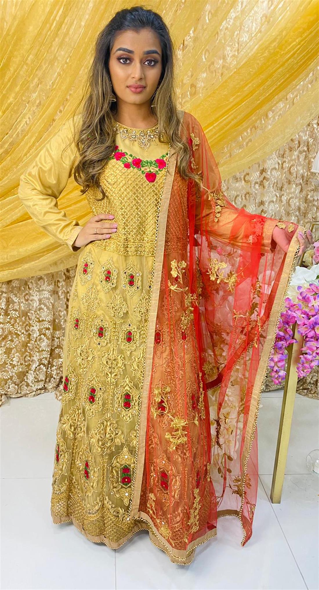 Gold & Red Stone Work Net Maxi Bridal Partywear