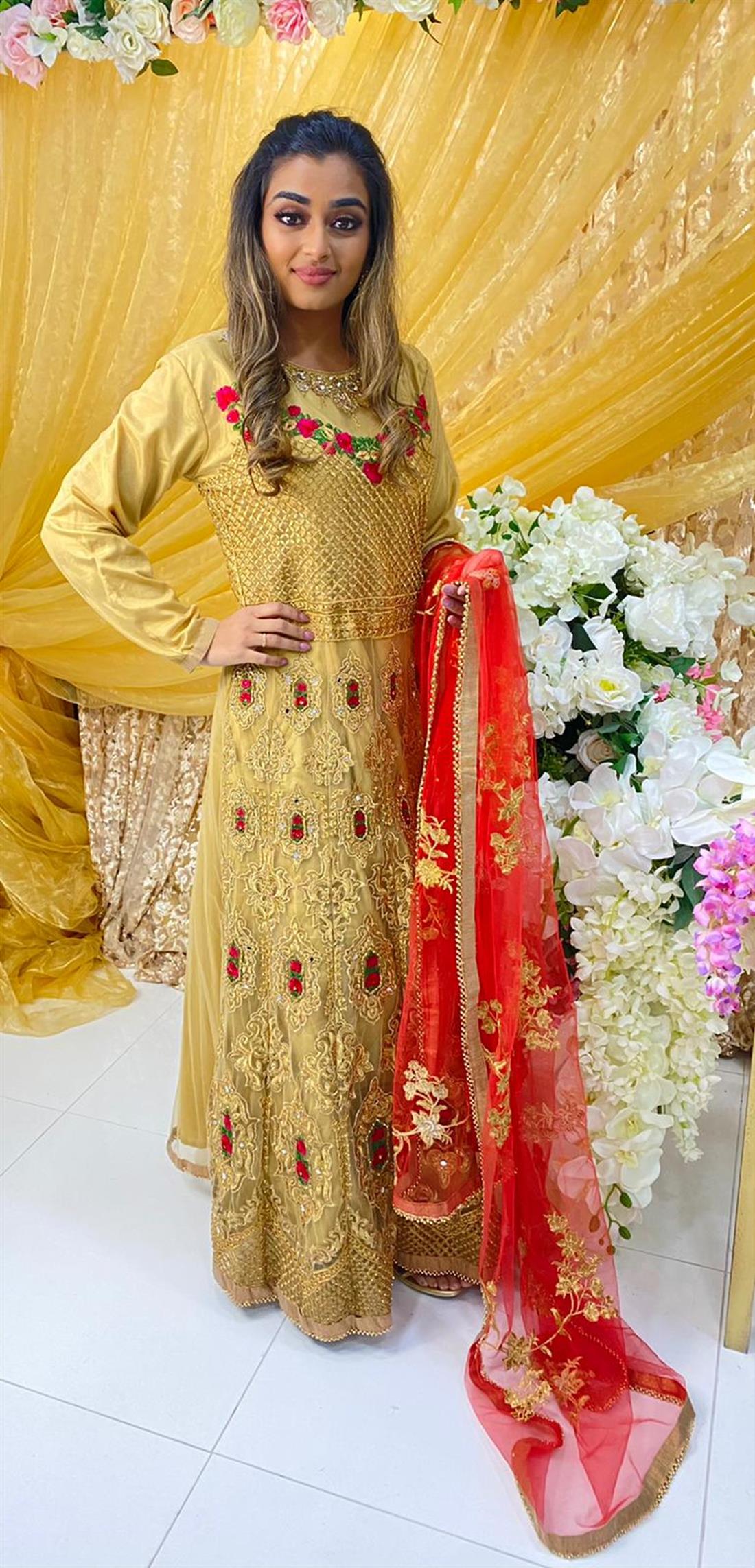 Gold & Red Stone Work Net Maxi Bridal Partywear