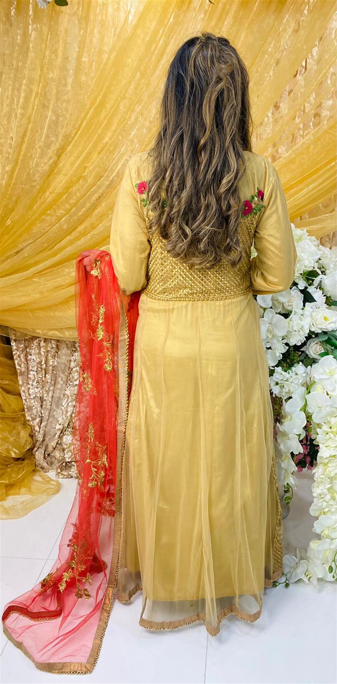 Gold & Red Stone Work Net Maxi Bridal Partywear