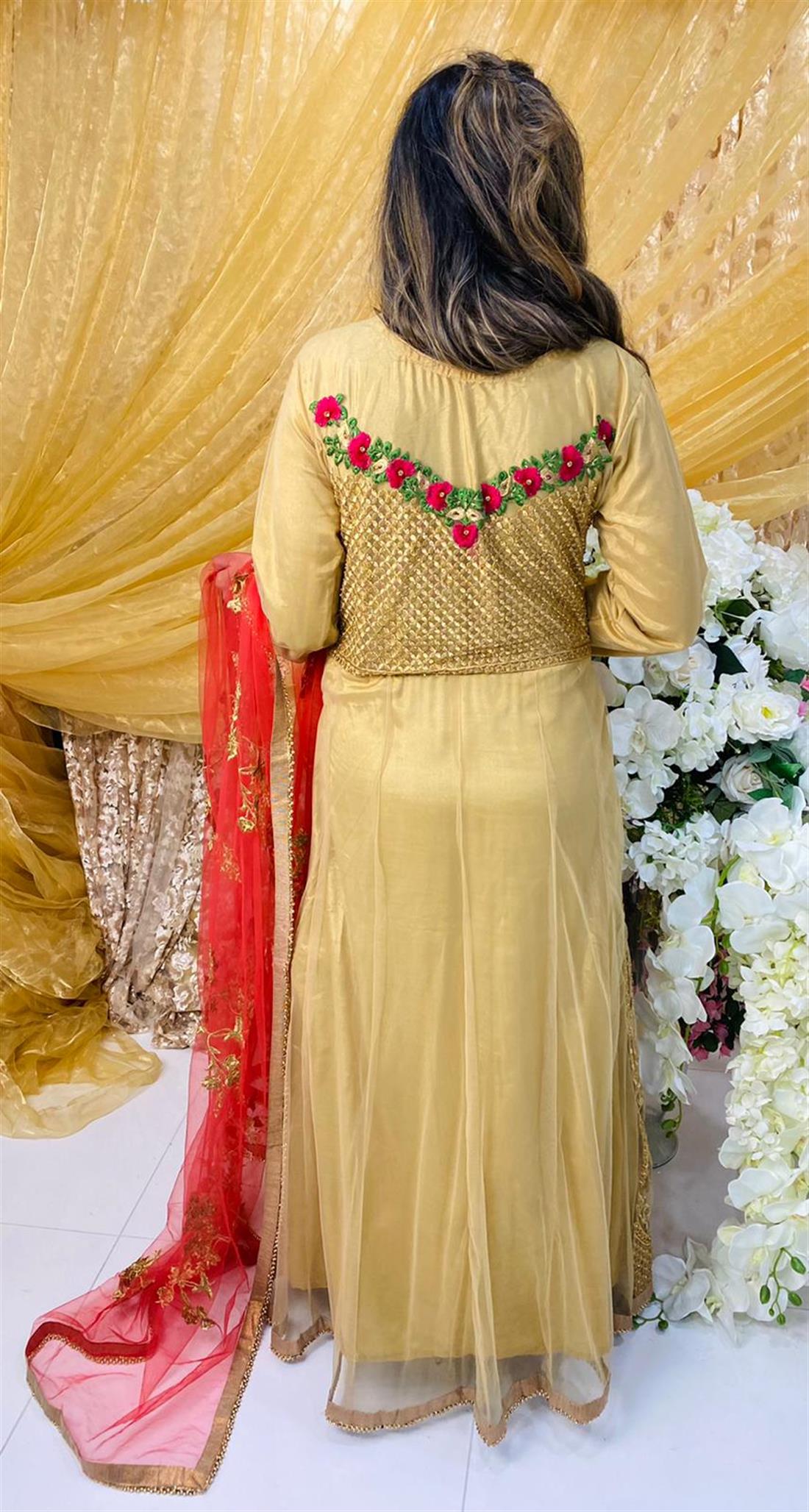Gold & Red Stone Work Net Maxi Bridal Partywear