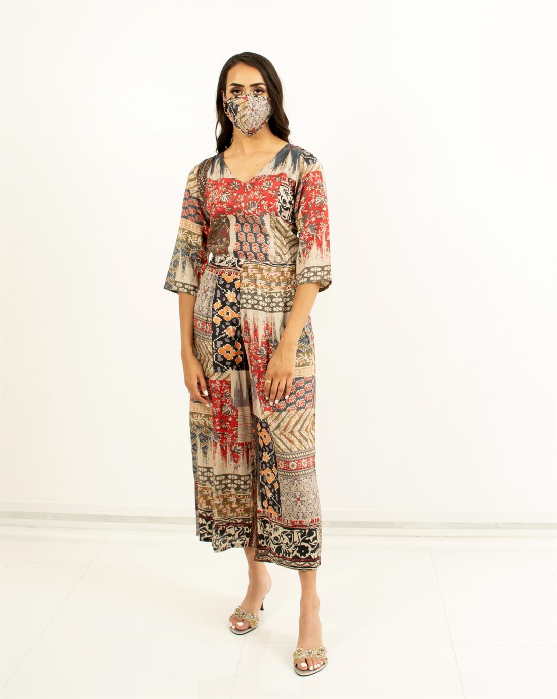 Cream & Multicolour Printed Floral Jumpsuits with Matching Face Mask.