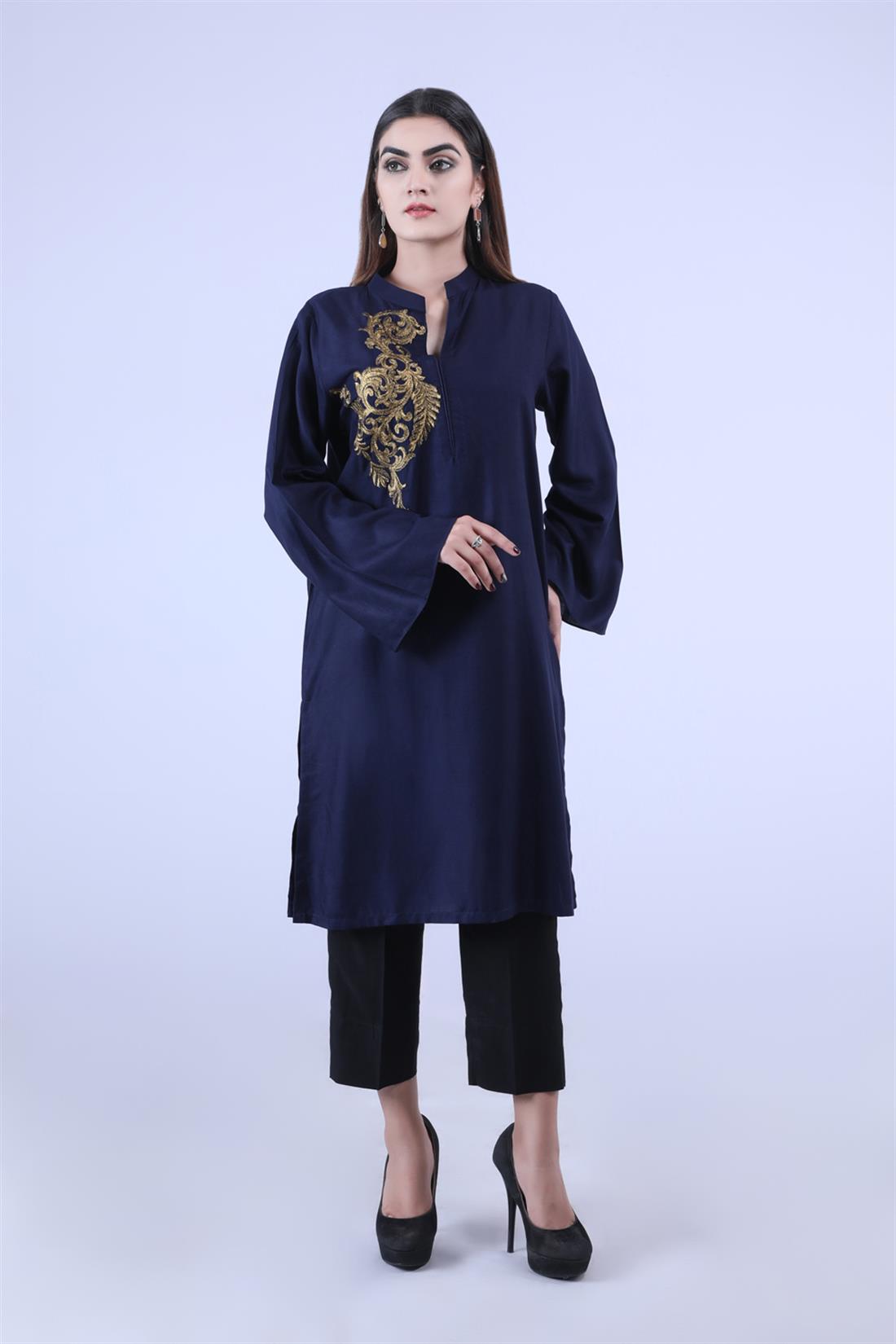 Navy Embroidered Linen Ladies Tunics and Kurta