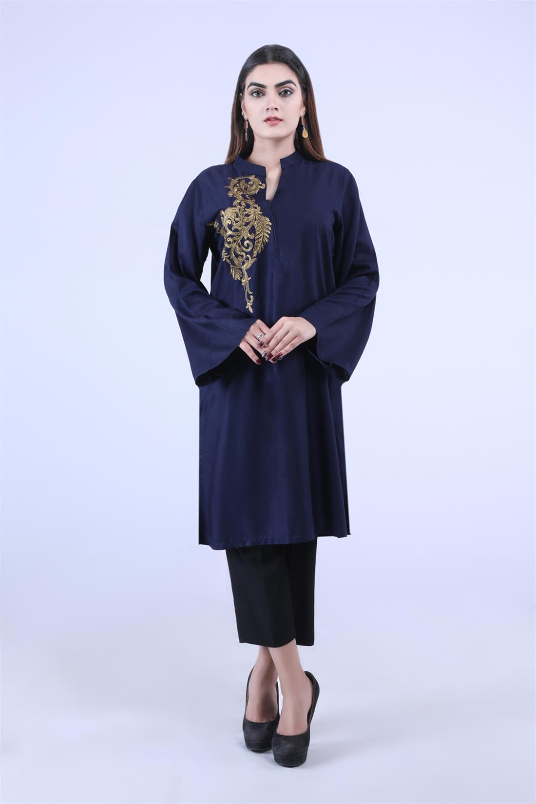 Navy Embroidered Linen Ladies Tunics and Kurta
