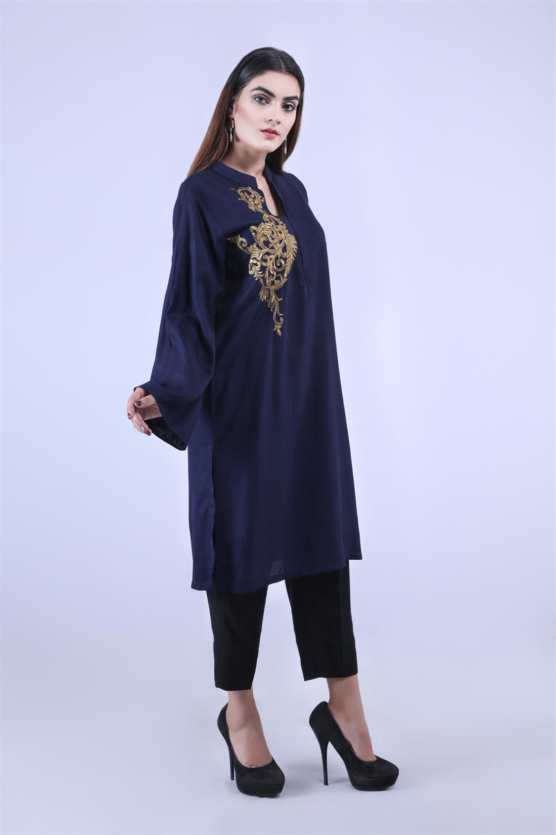 Navy Embroidered Linen Ladies Tunics and Kurta