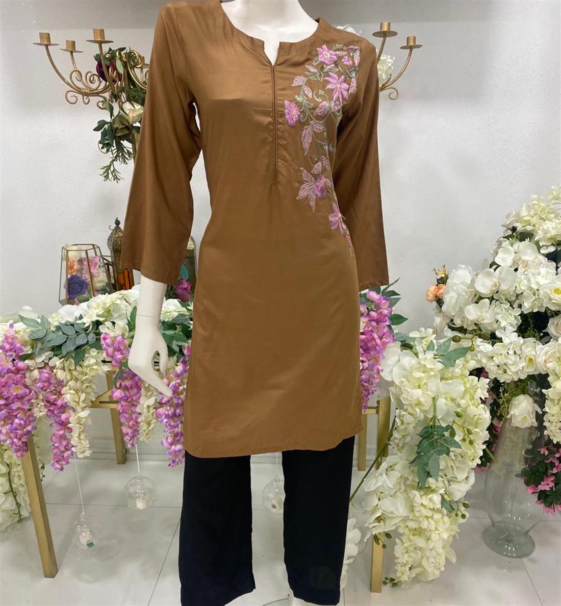 Caramel Linen Straight Readymade Embroidered Kurta