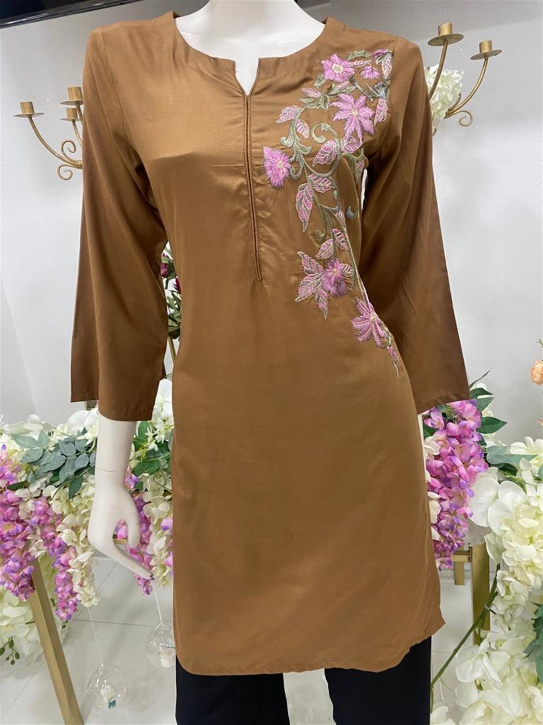 Caramel Linen Straight Readymade Embroidered Kurta