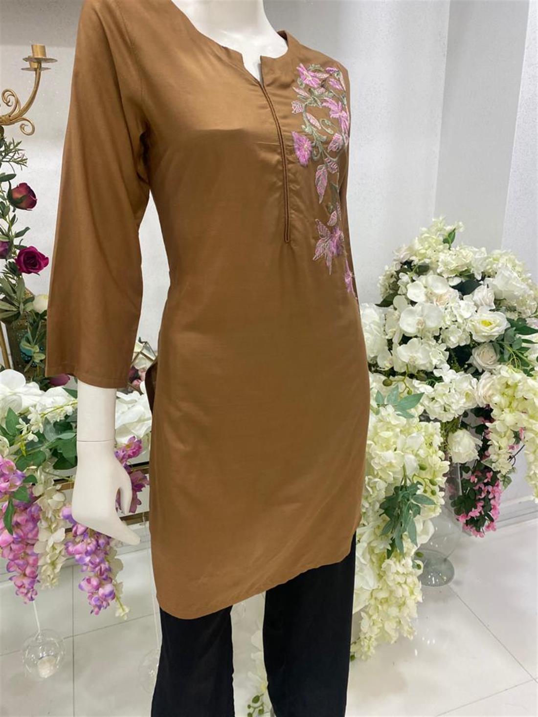 Caramel Linen Straight Readymade Embroidered Kurta