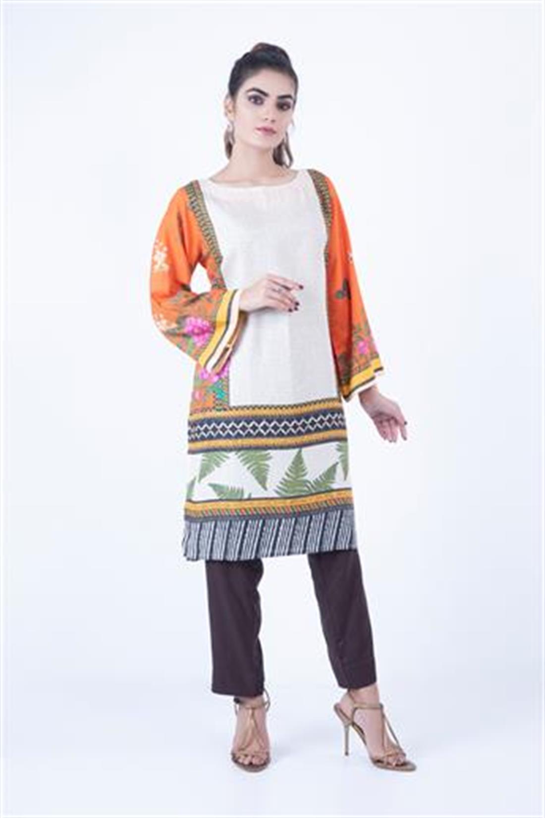 Skin & Orange Skin/Orange Digital Printed Readymade Khaddar Kurta