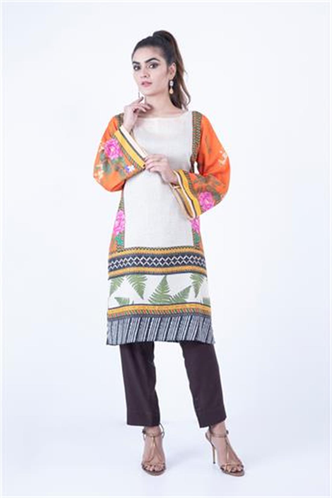 Skin & Orange Skin/Orange Digital Printed Readymade Khaddar Kurta