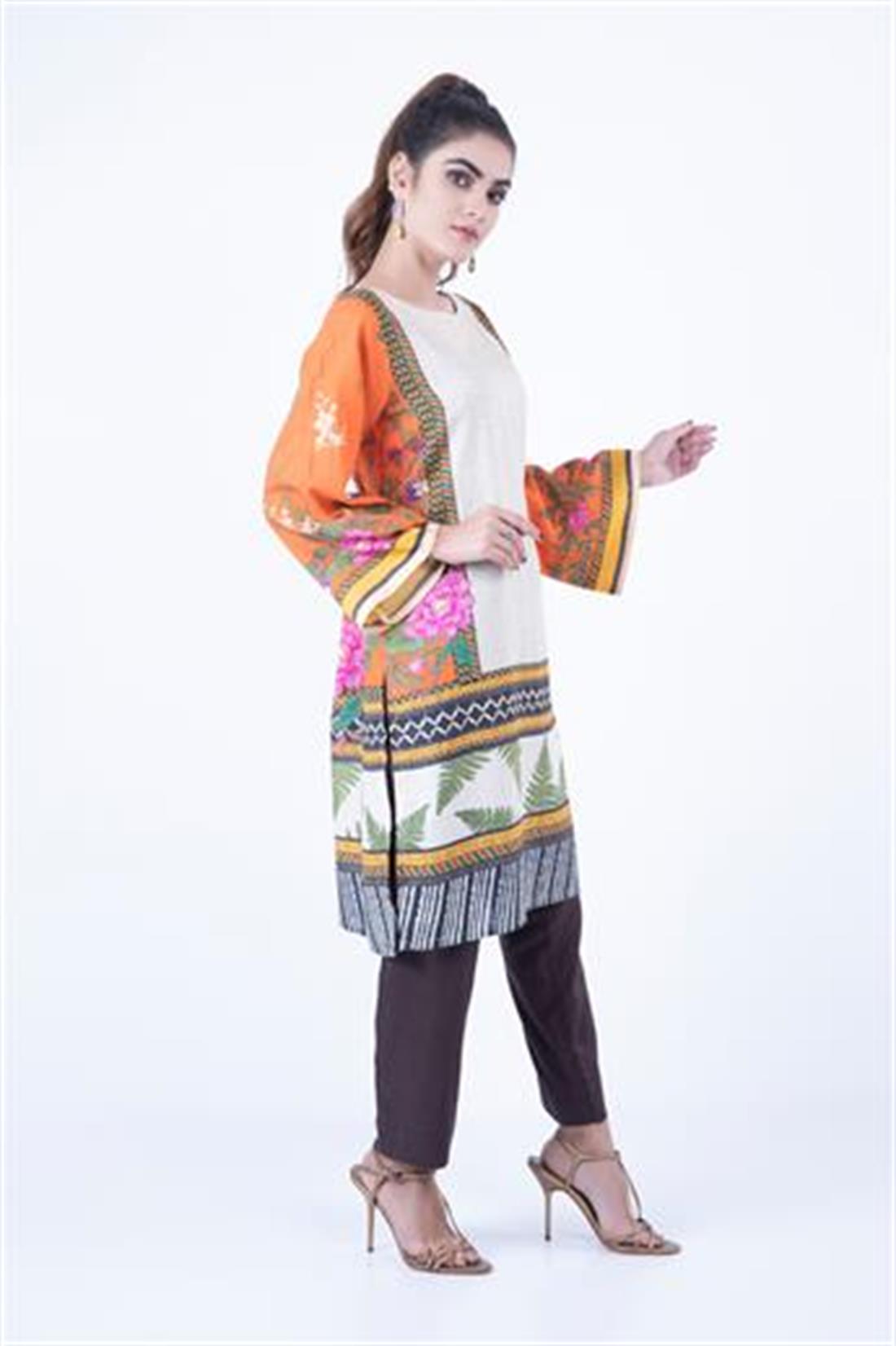 Skin & Orange Skin/Orange Digital Printed Readymade Khaddar Kurta