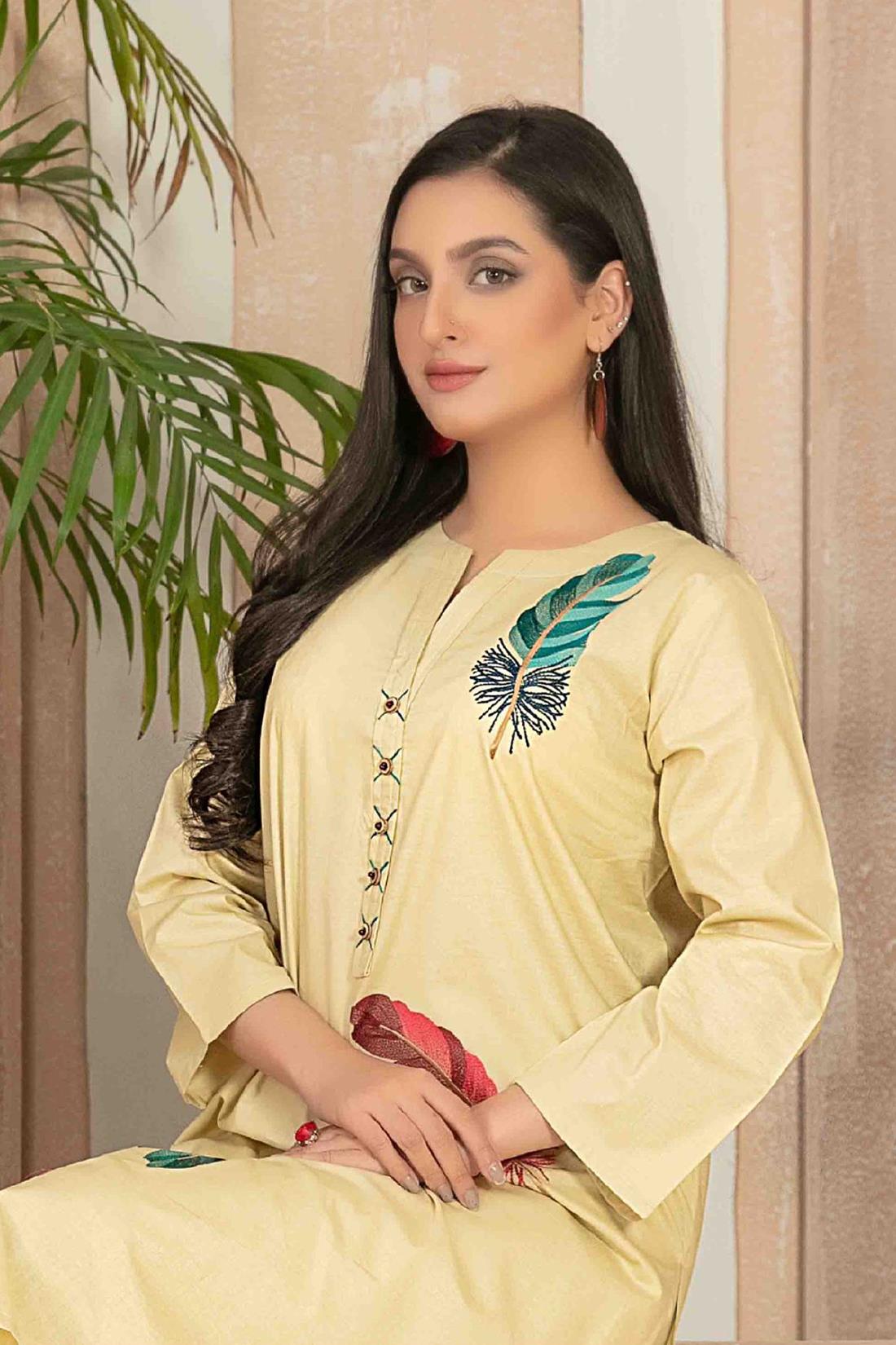 Beige & Green Beautiful Cotton 2 Piece Suit