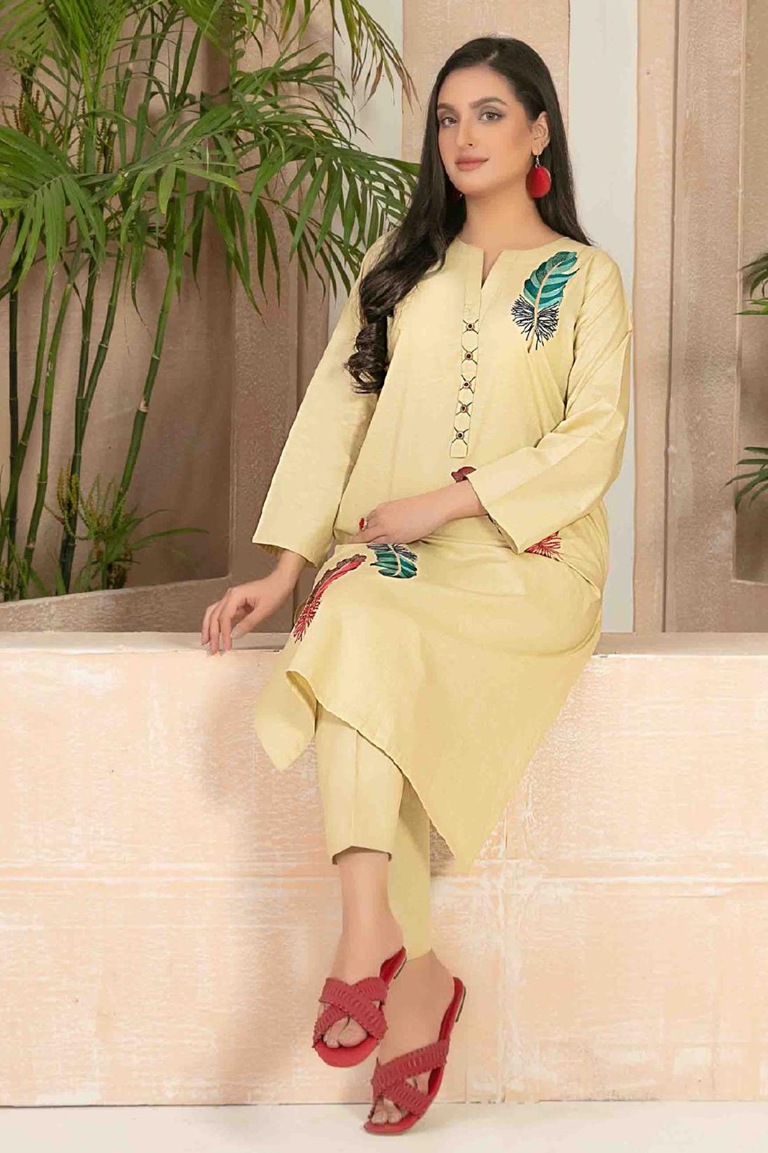 Beige & Green Beautiful Cotton 2 Piece Suit