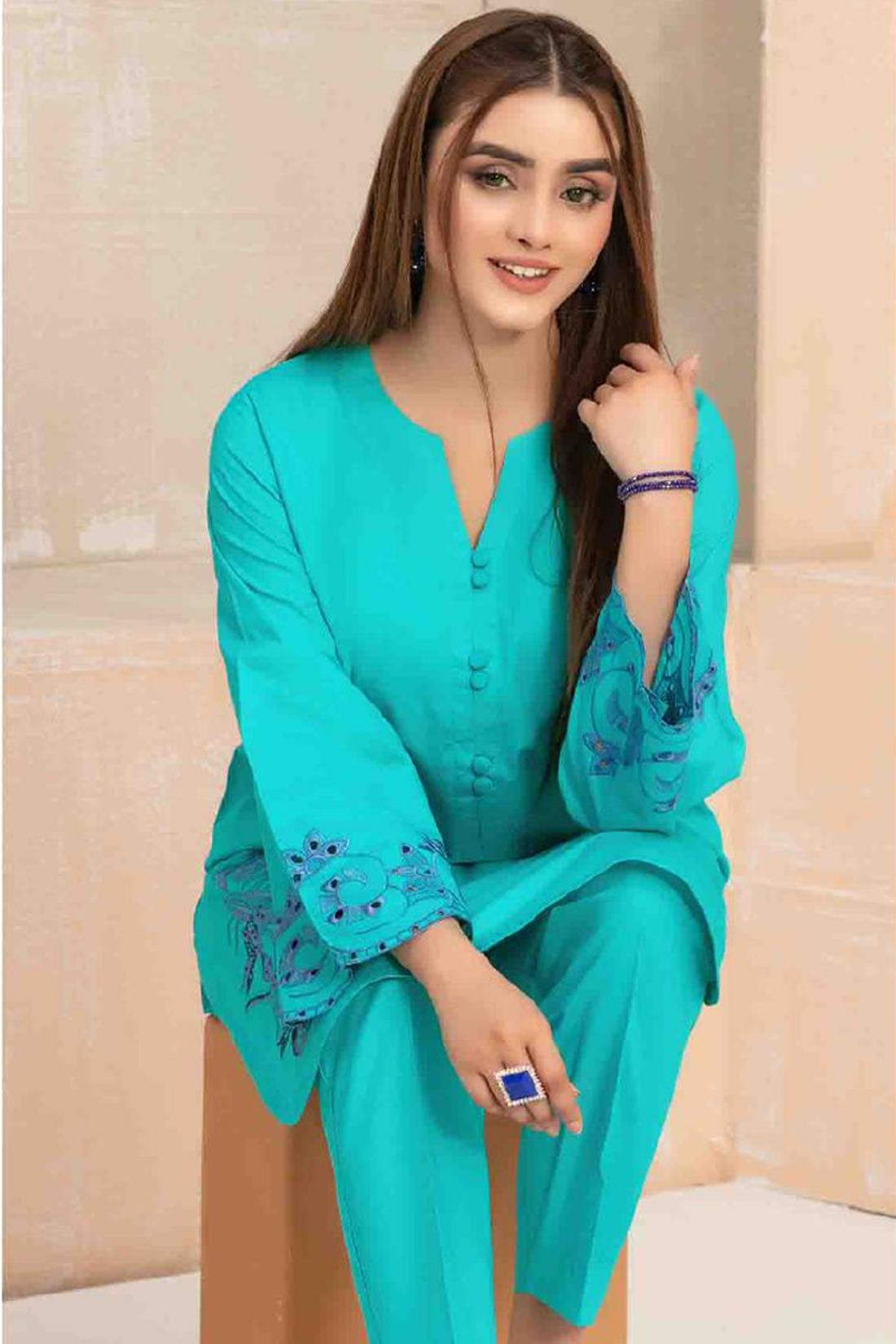 Turquoise Beautiful Cotton 2 Piece Suit.