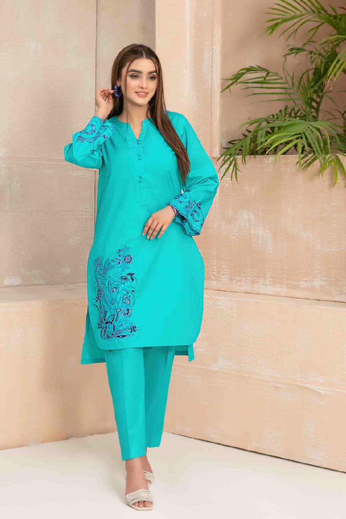 Turquoise Beautiful Cotton 2 Piece Suit.