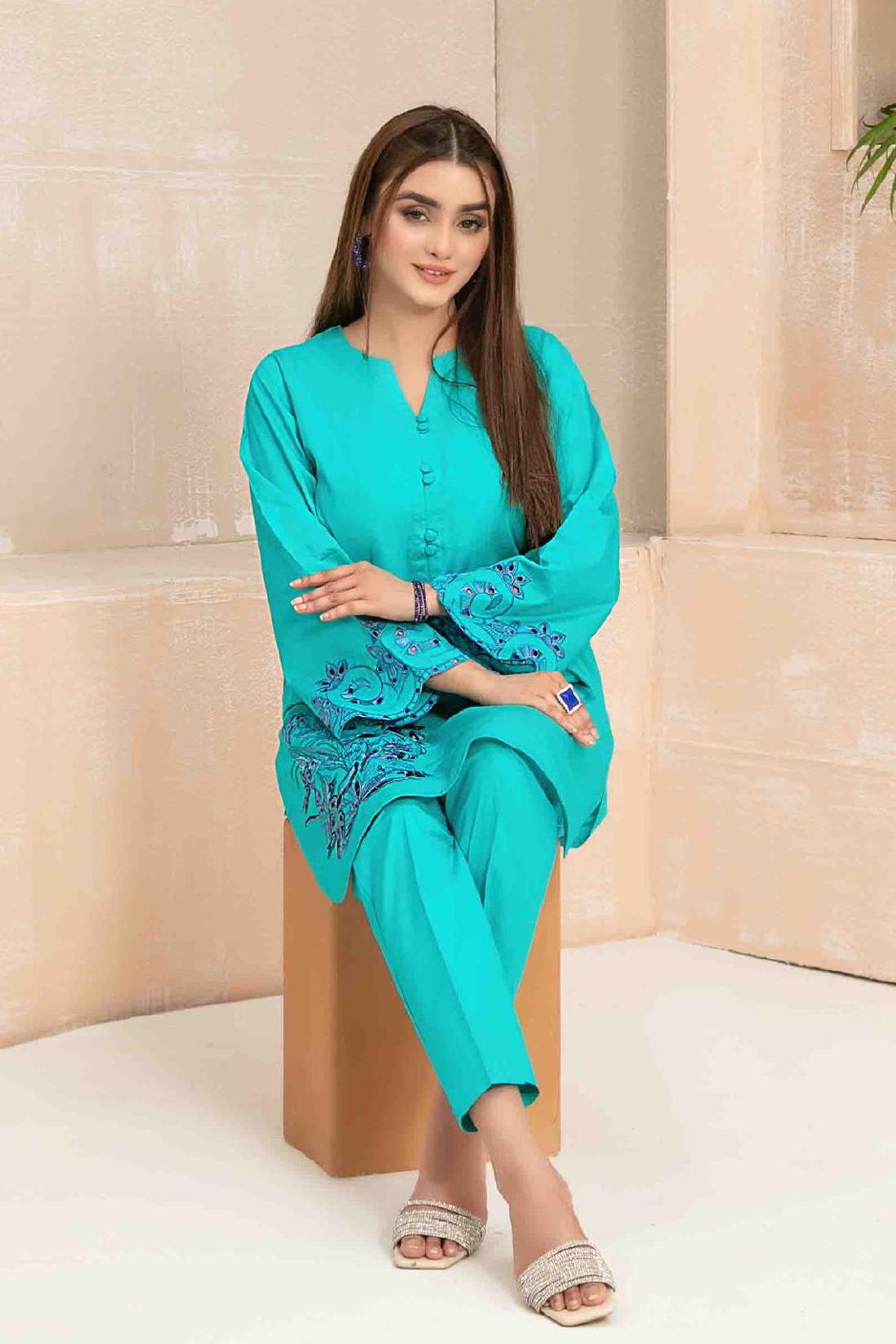 Turquoise Beautiful Cotton 2 Piece Suit.