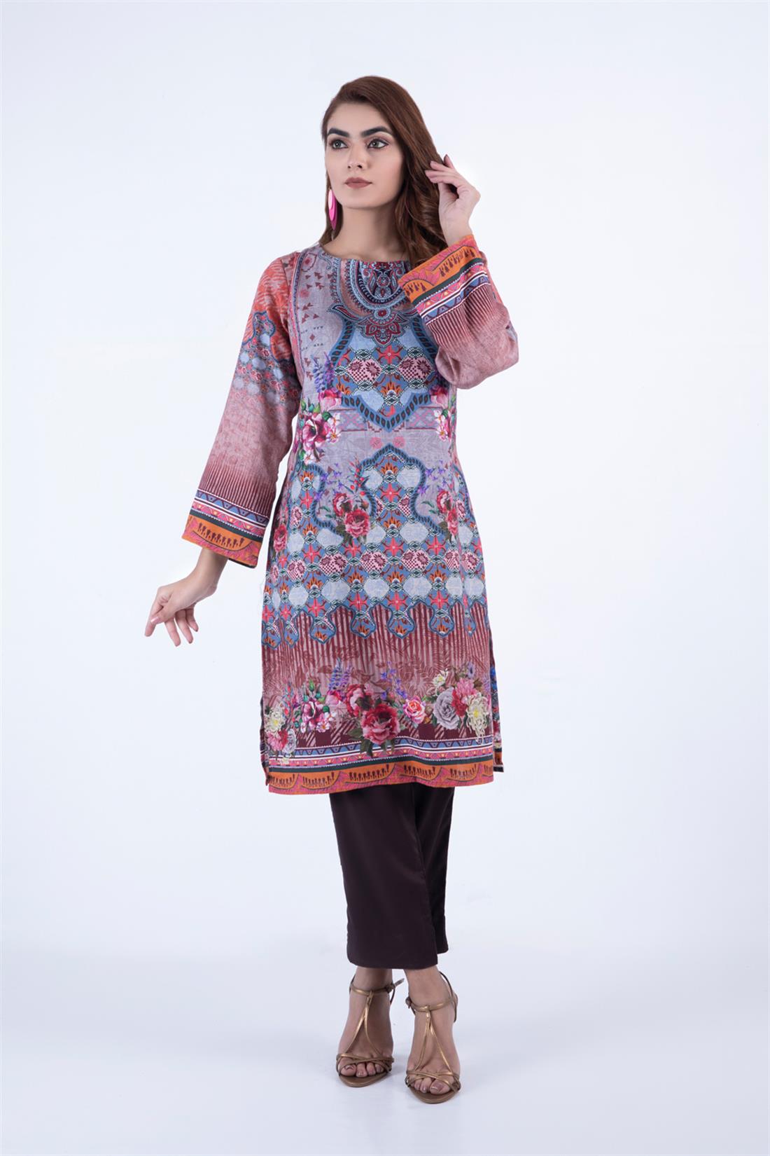 Dusty Grey Readymade Digital Printed Khaddar Kurta