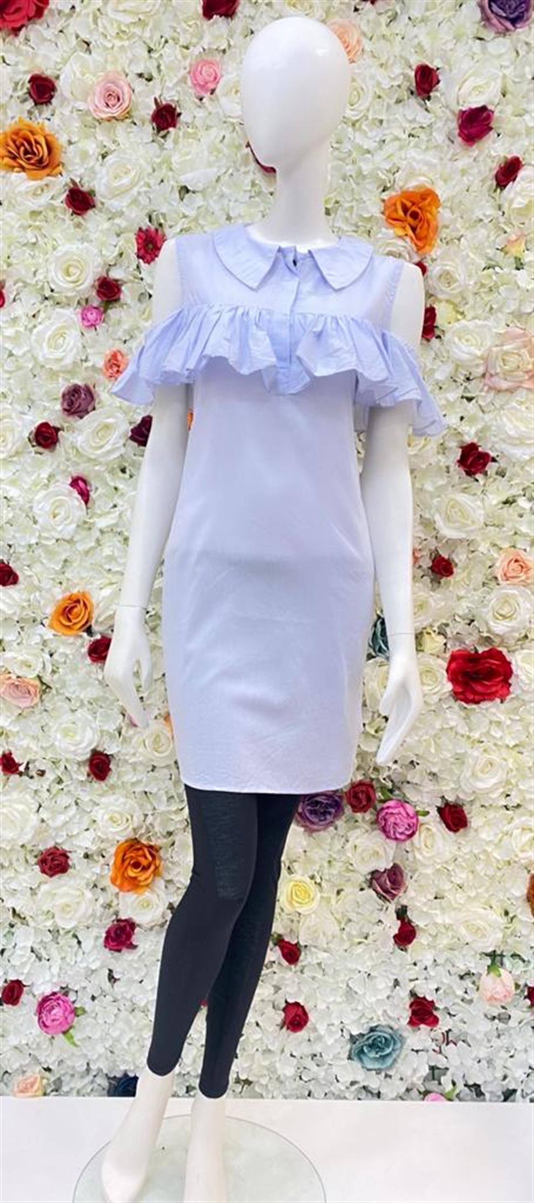 Light Blue Frock Style Kurta with Off Shoulder Frills