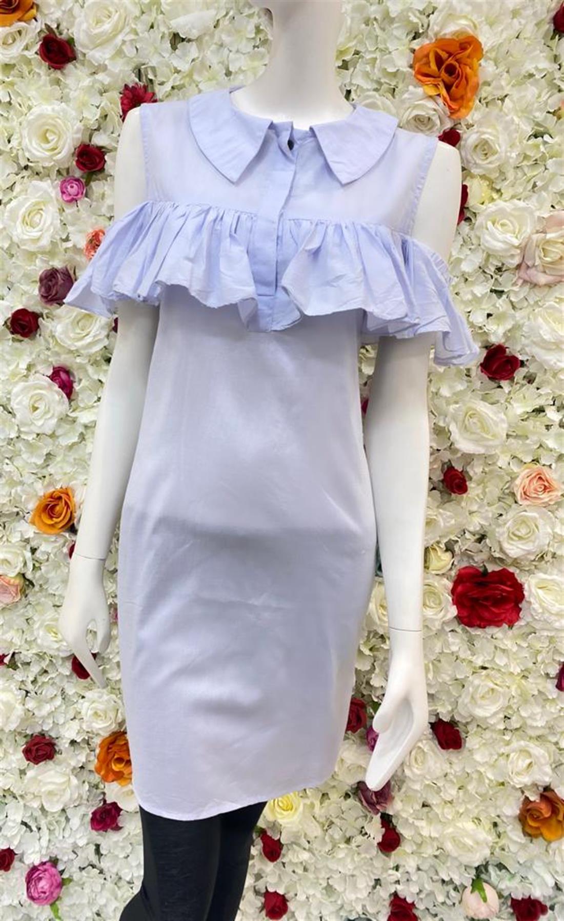 Light Blue Frock Style Kurta with Off Shoulder Frills