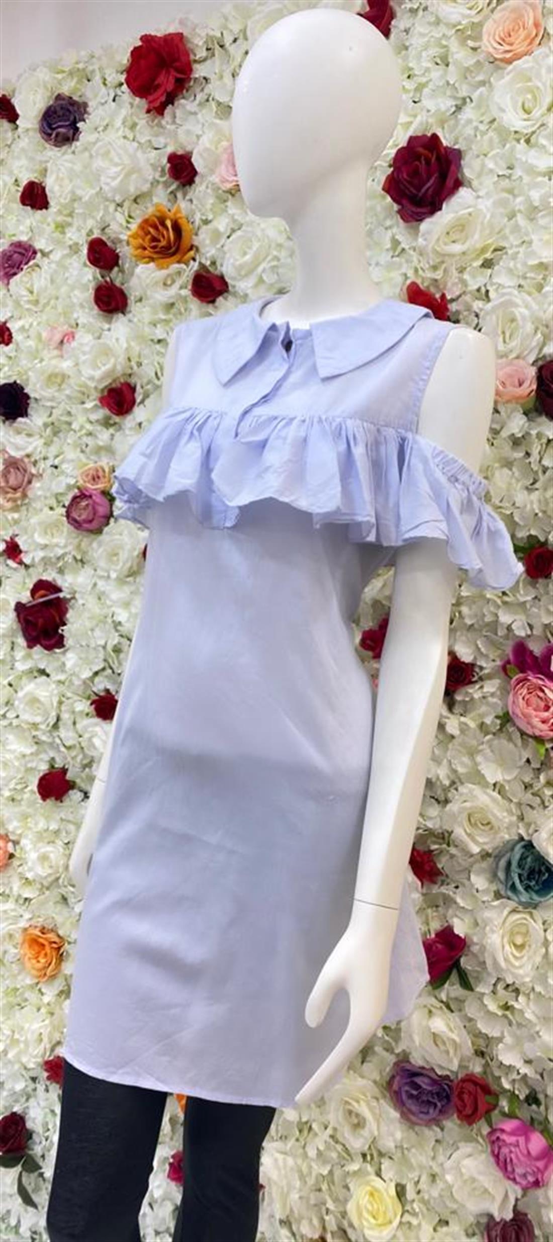 Light Blue Frock Style Kurta with Off Shoulder Frills