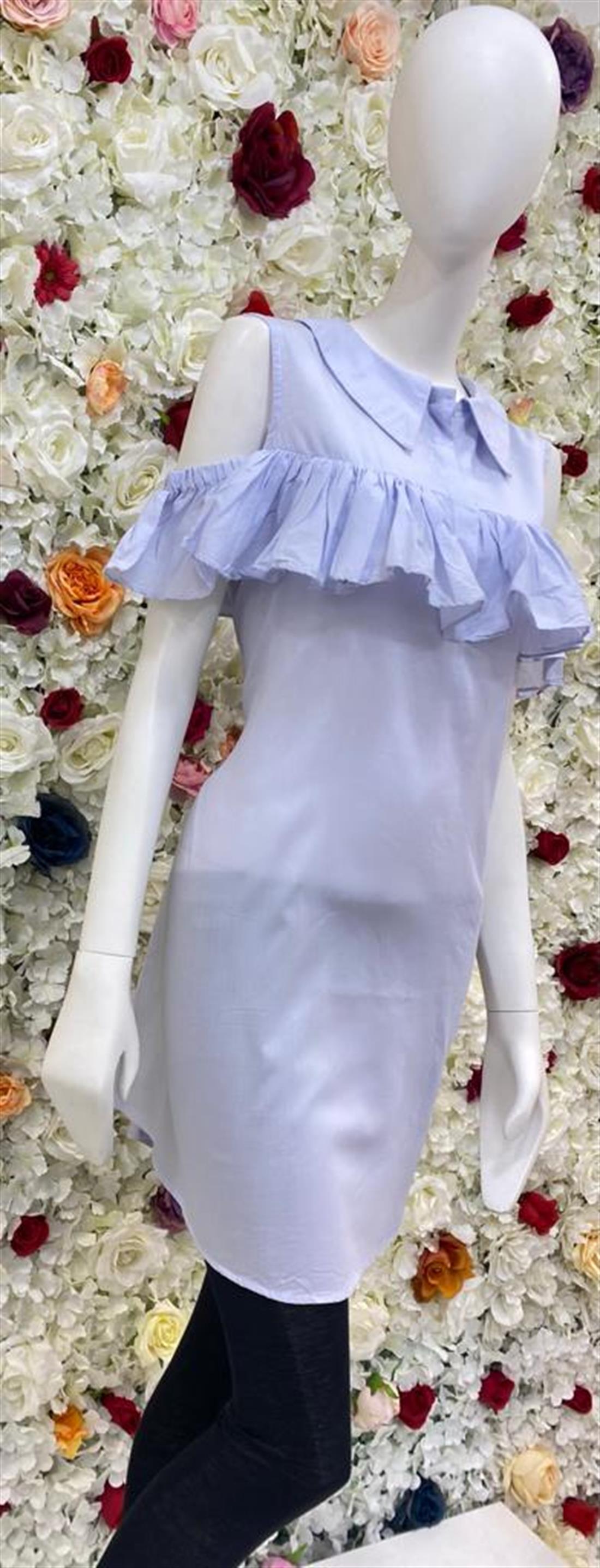 Light Blue Frock Style Kurta with Off Shoulder Frills