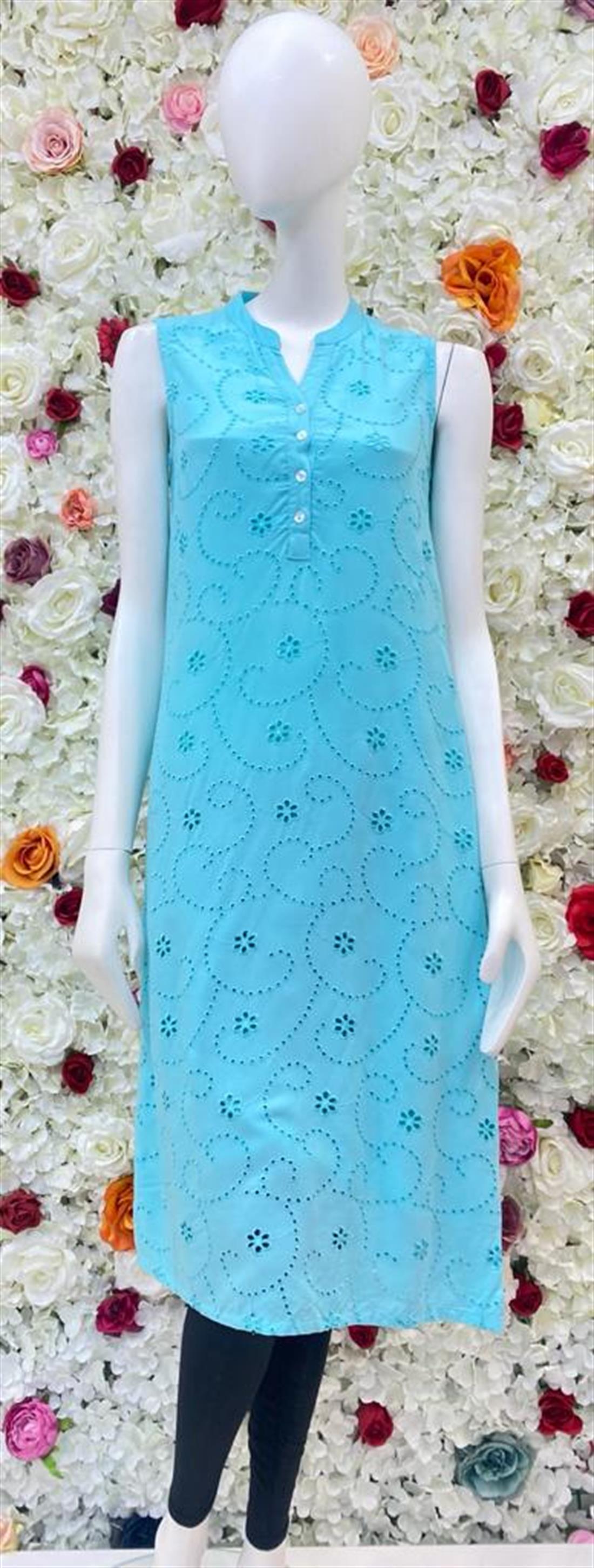 Teal Blue Sleeveless Frock with Hand Embellishment