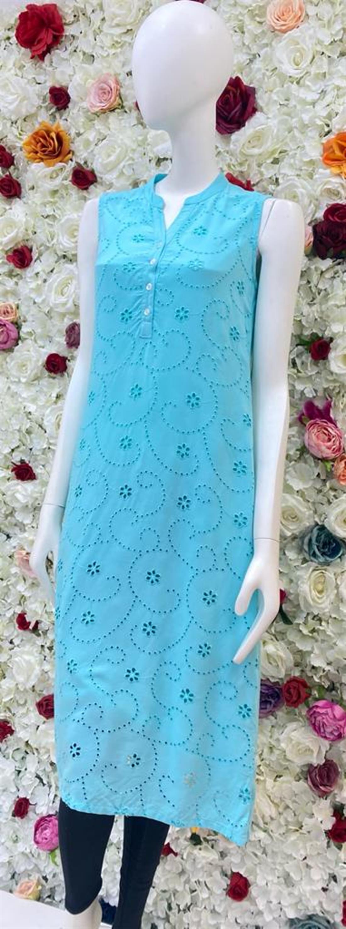 Teal Blue Sleeveless Frock with Hand Embellishment