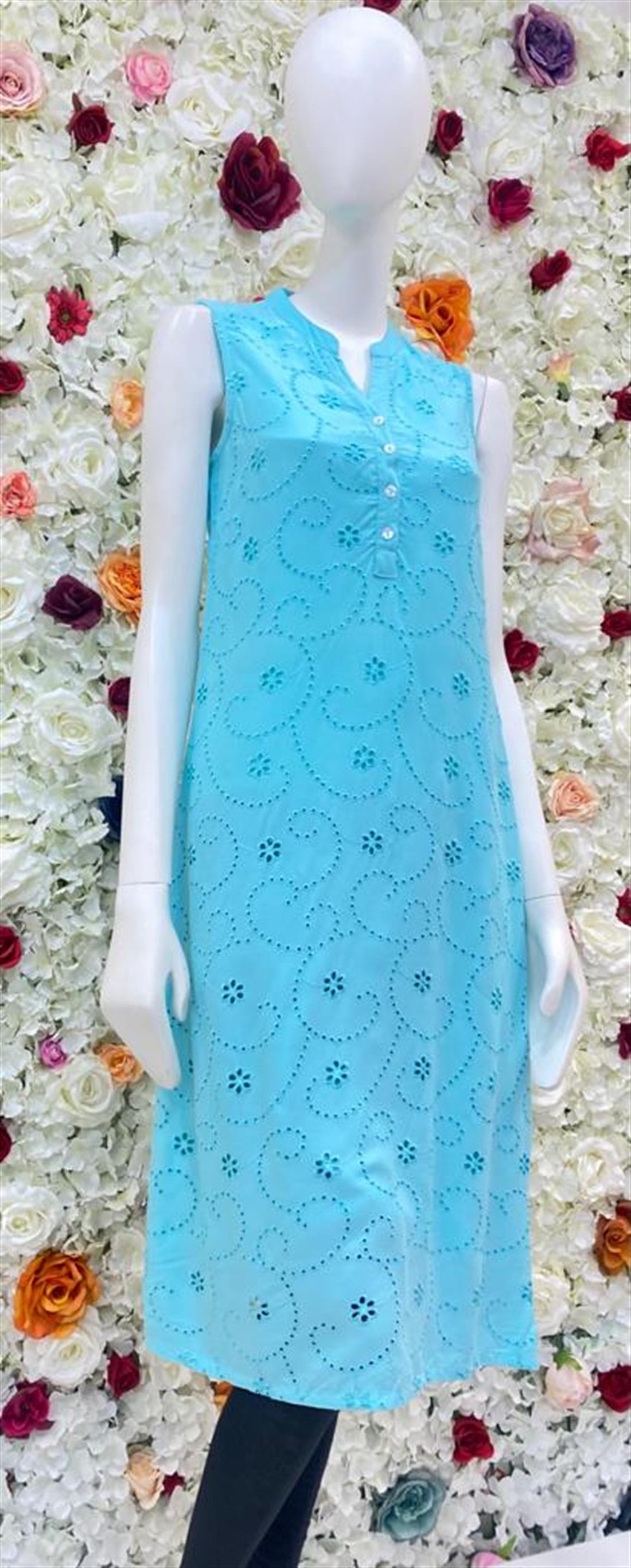 Teal Blue Sleeveless Frock with Hand Embellishment