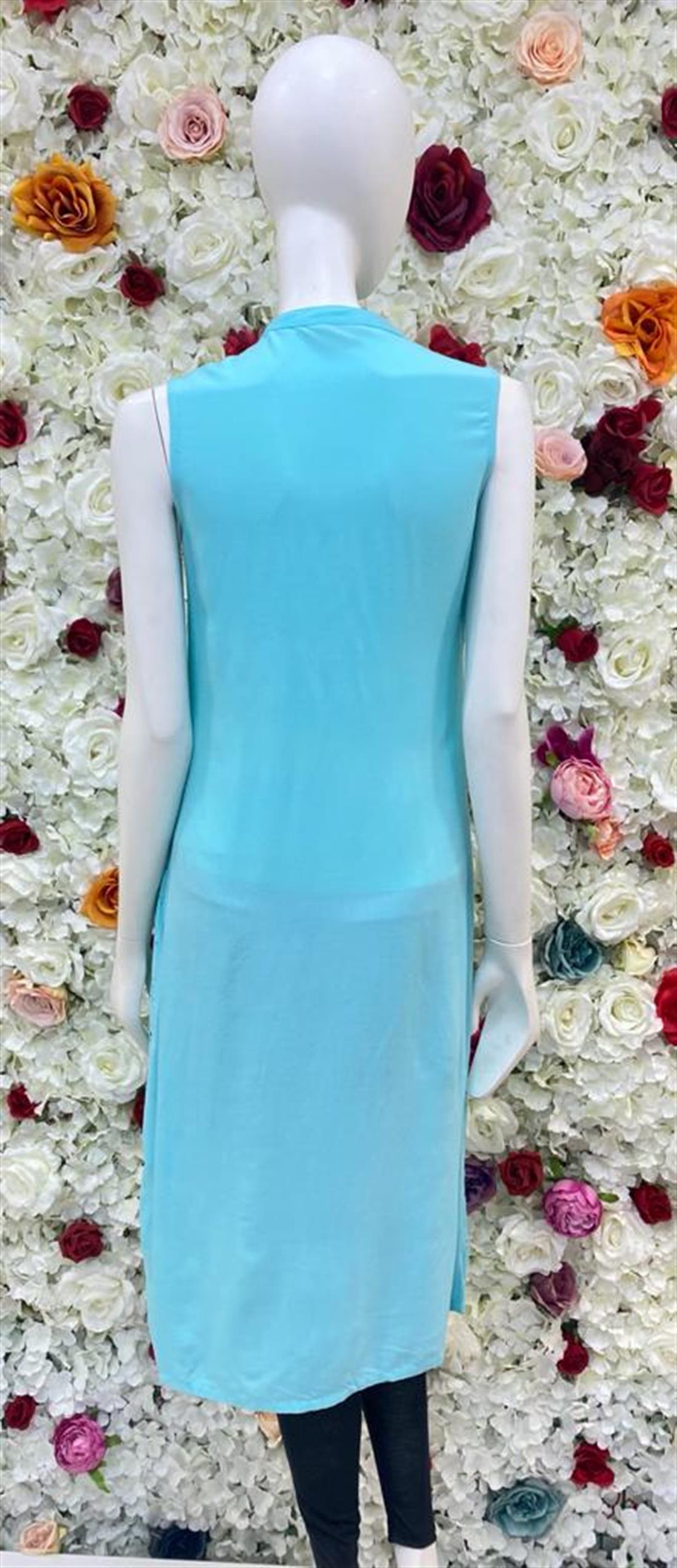 Teal Blue Sleeveless Frock with Hand Embellishment