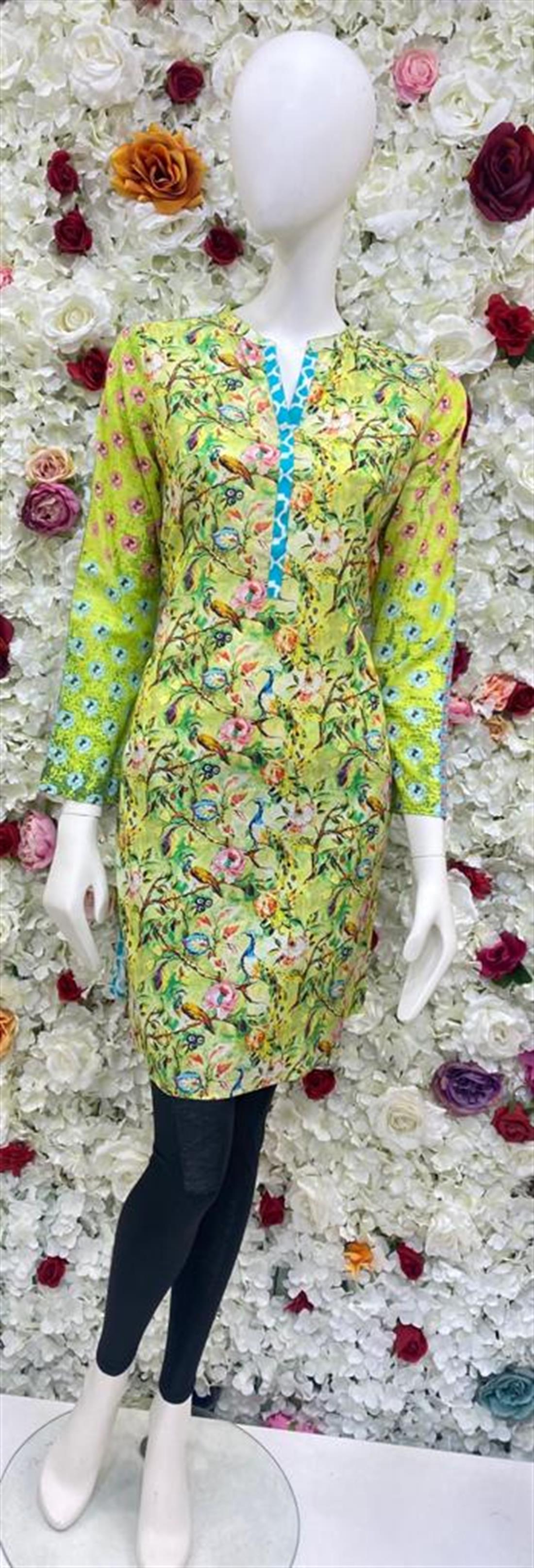 Lime Green Digital Printed Cotton Straight Kameez