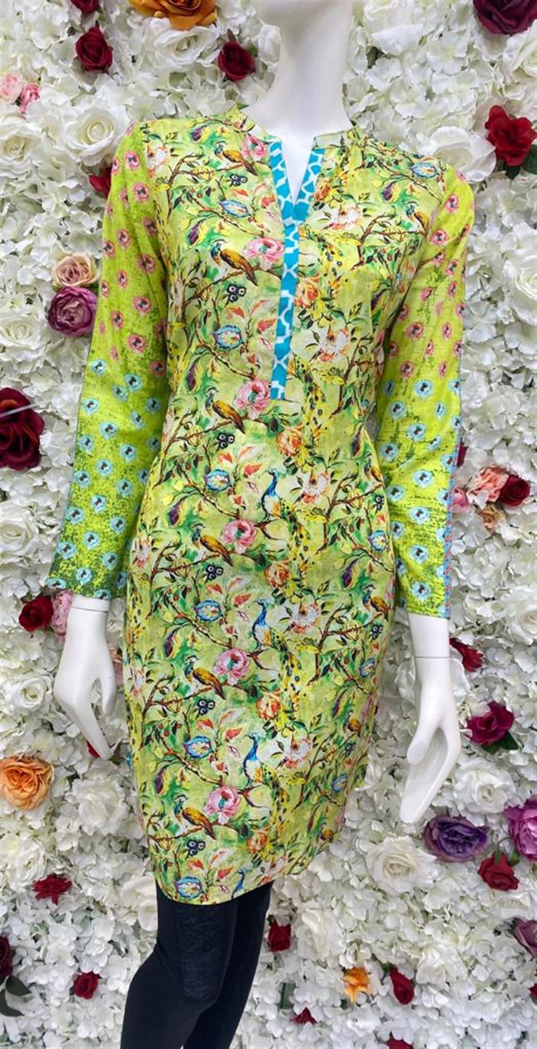Lime Green Digital Printed Cotton Straight Kameez