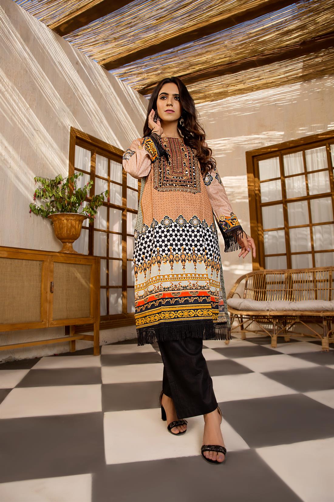 Peach Digital Printed Embroidered Readymade Kurta