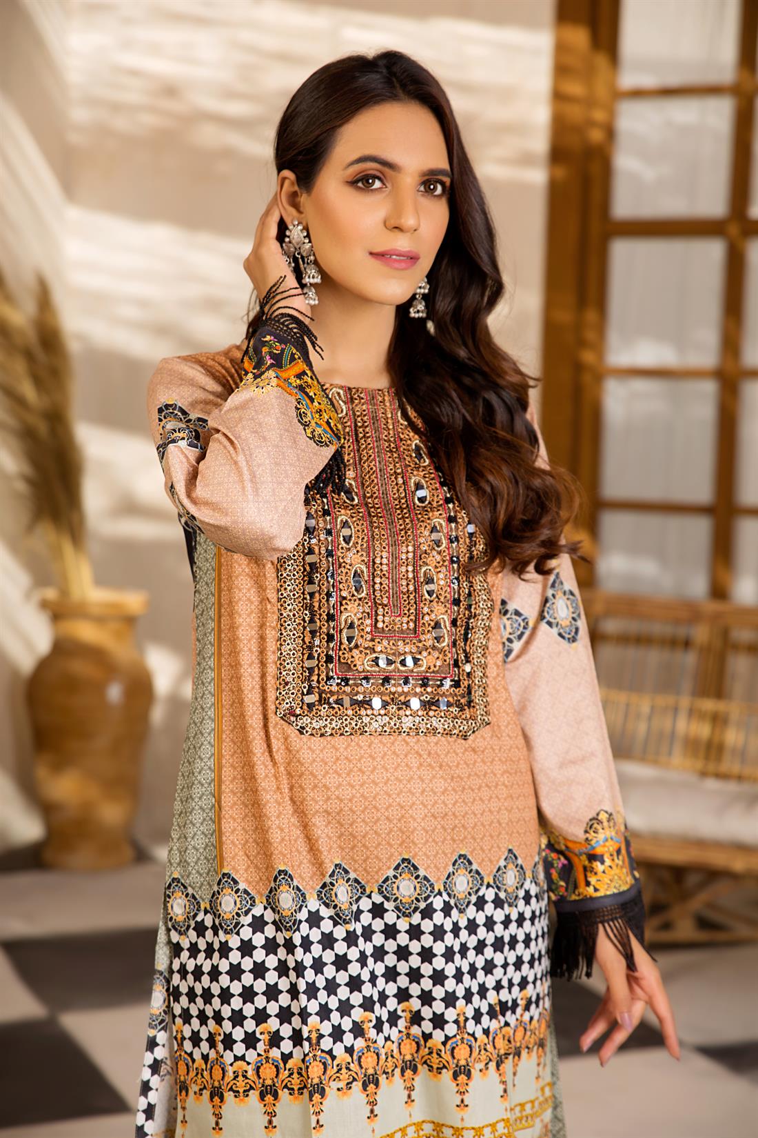 Peach Digital Printed Embroidered Readymade Kurta