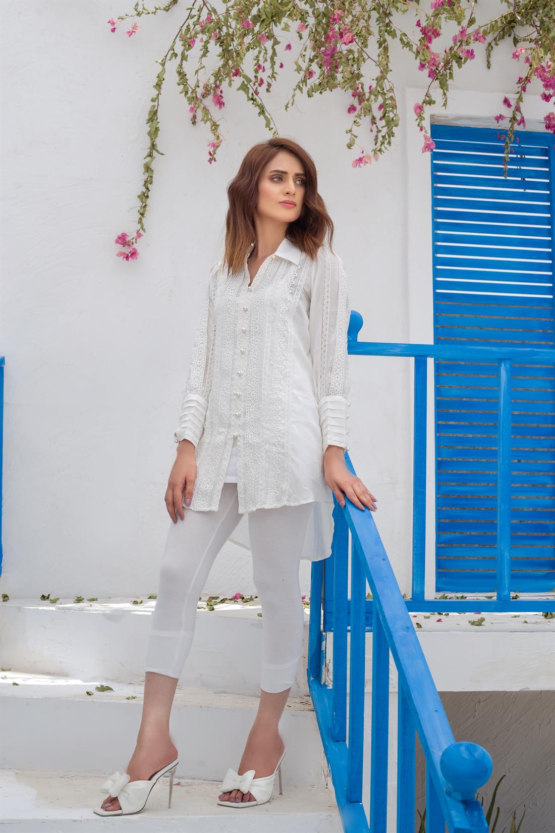 White Silk Black 1 Piece Modern Cut High Low Designer Kurta