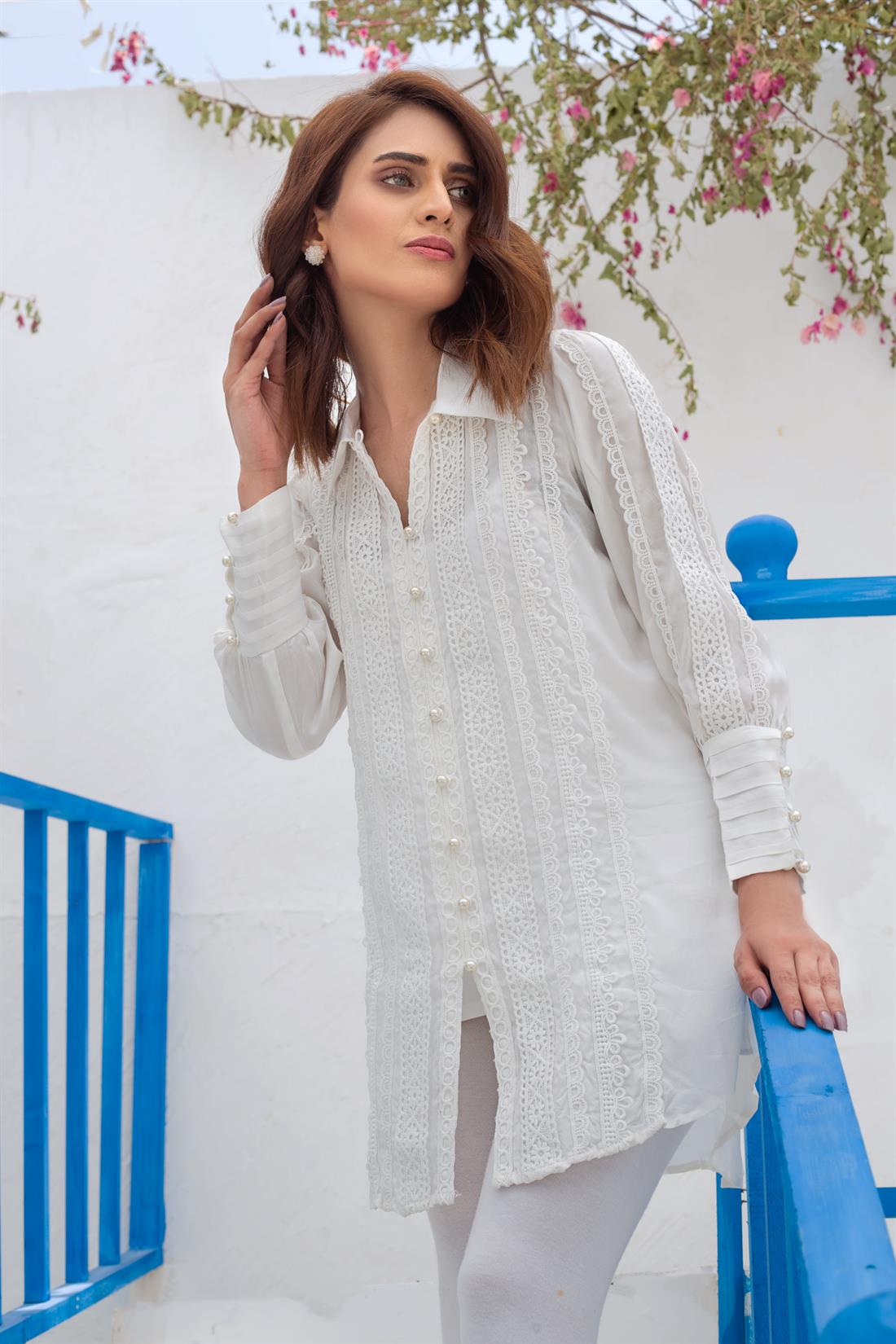 White Silk Black 1 Piece Modern Cut High Low Designer Kurta