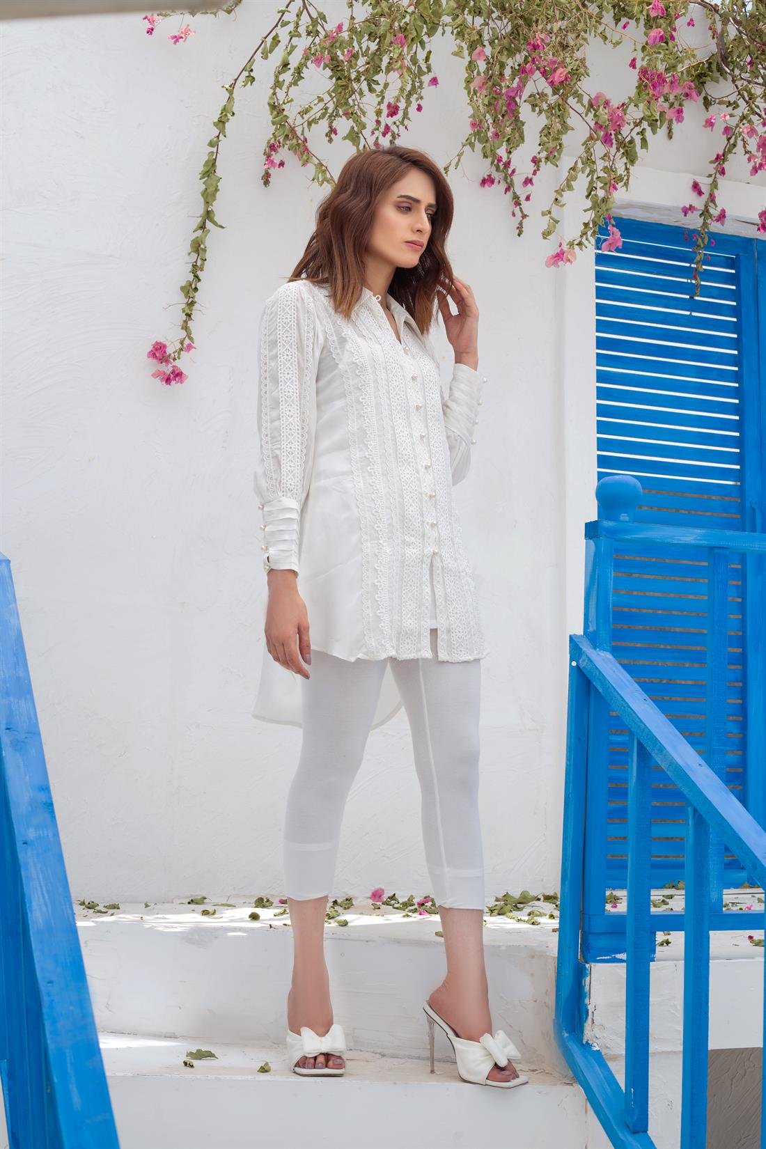 White Silk Black 1 Piece Modern Cut High Low Designer Kurta