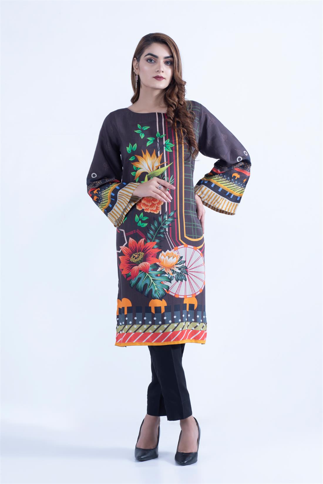 Dark Brown SPRING COLLECTION: Viscose Digital Printed Kurta.