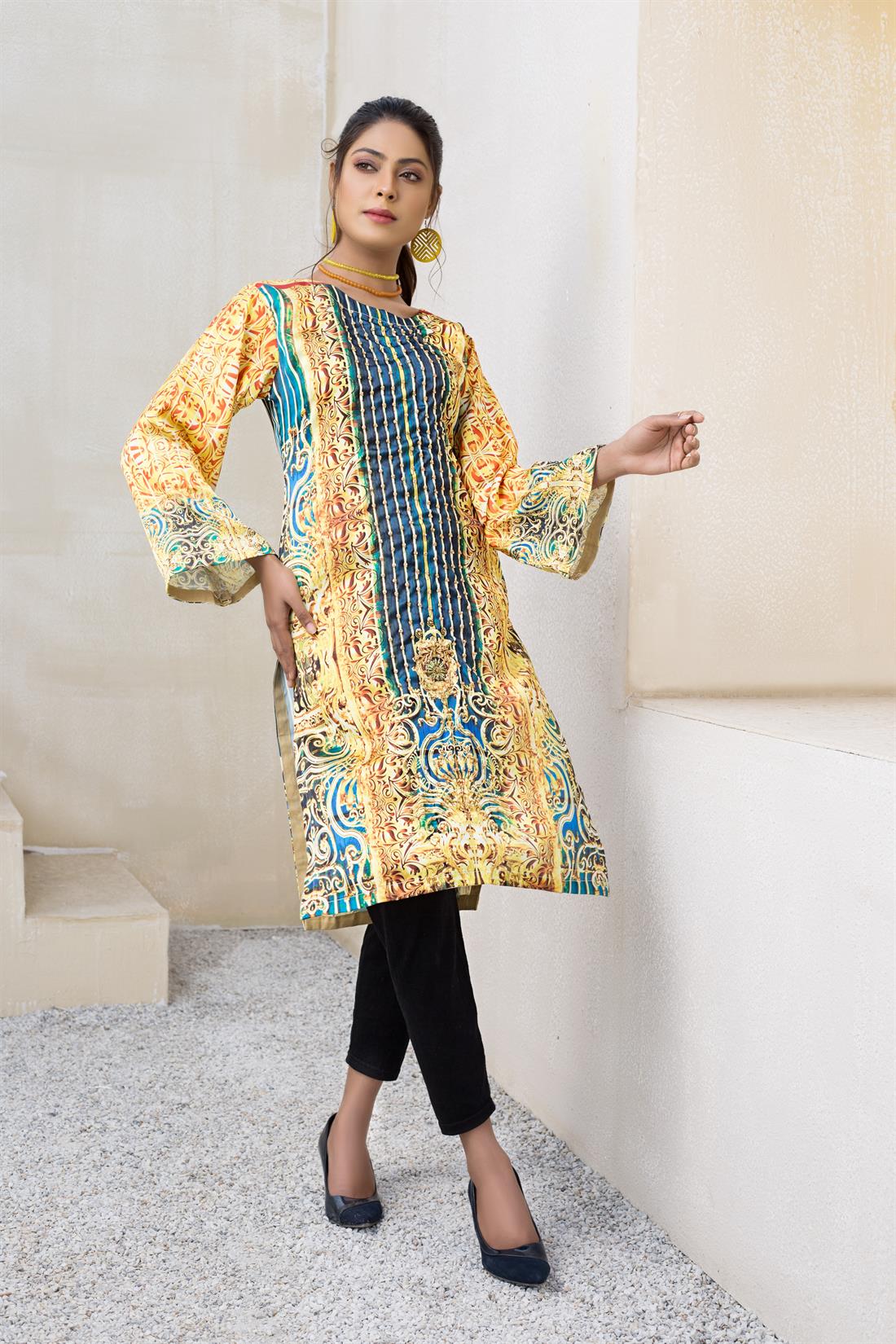 Yellow/Teal Silk Digital Printed Readymade Kurta