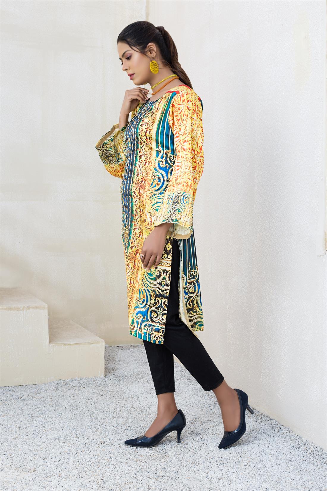 Yellow/Teal Silk Digital Printed Readymade Kurta