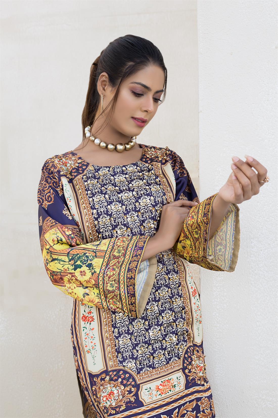 Cream & Navy Blue Cream/Navy Silk Digital Printed Readymade Kurta