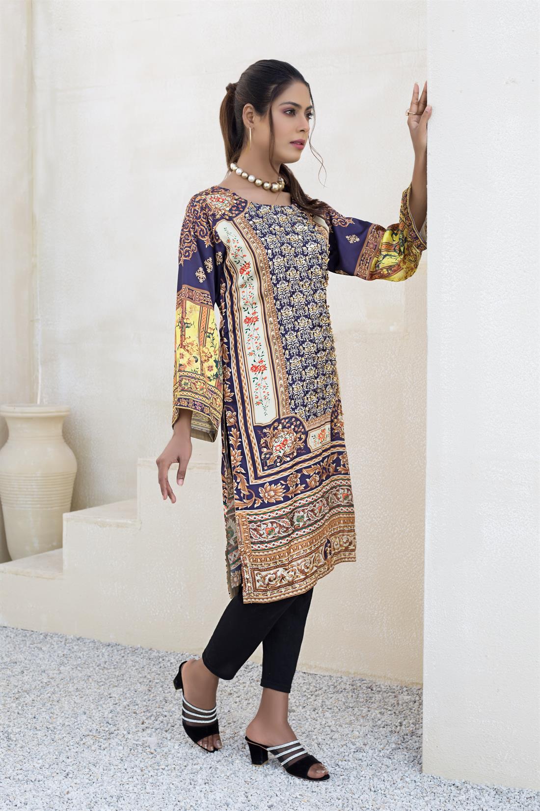 Cream & Navy Blue Cream/Navy Silk Digital Printed Readymade Kurta