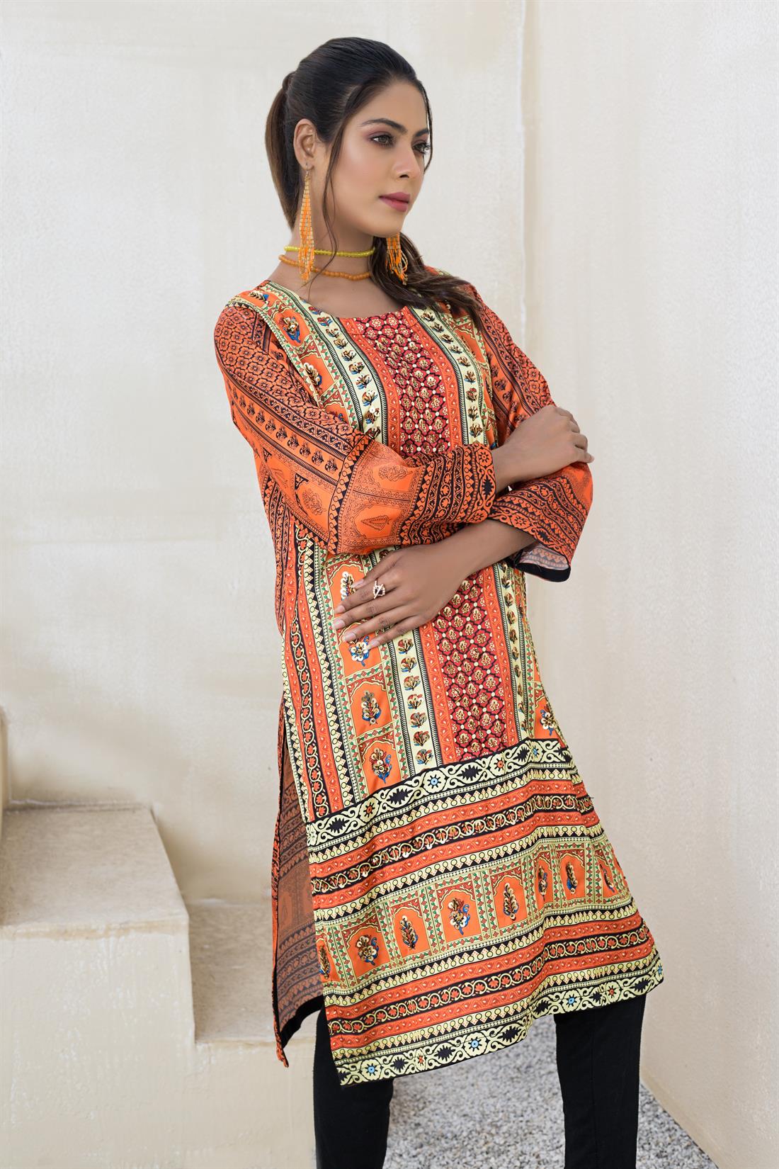Orange 1 PC Silk Digital Printed Readymade Kurta