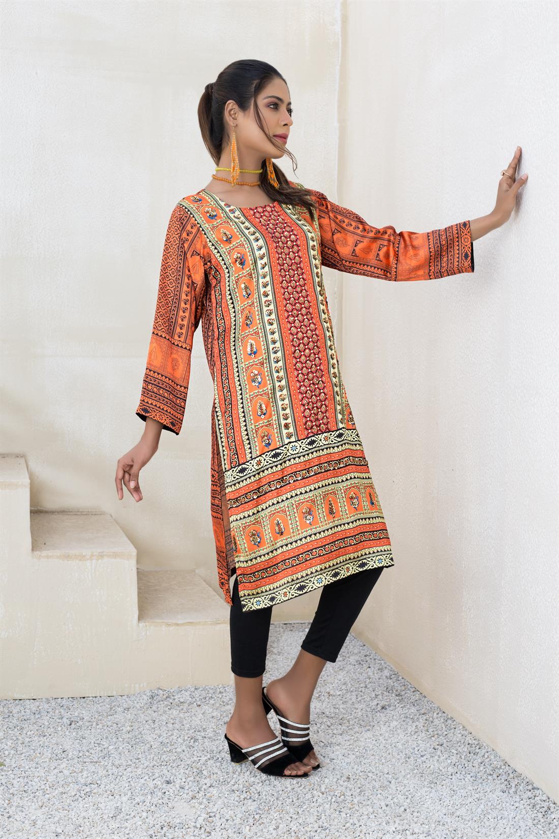 Orange 1 PC Silk Digital Printed Readymade Kurta
