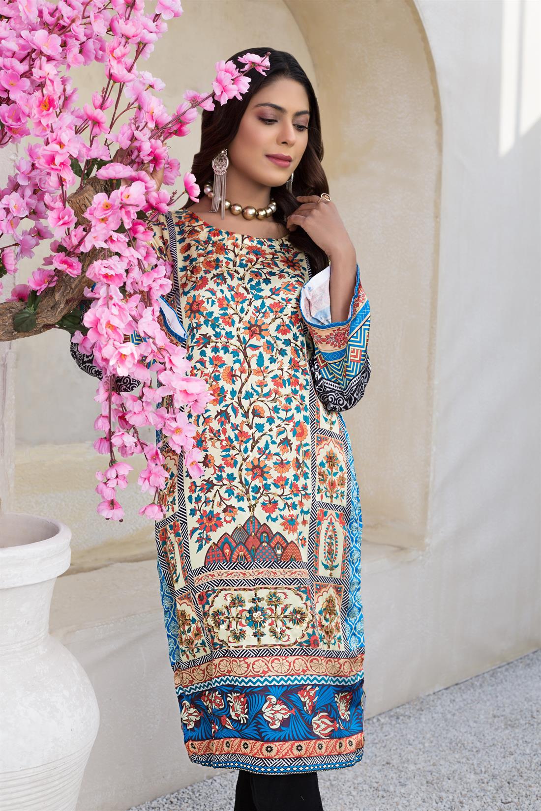 Light Yellow Silk Digital Printed Readymade Kurta